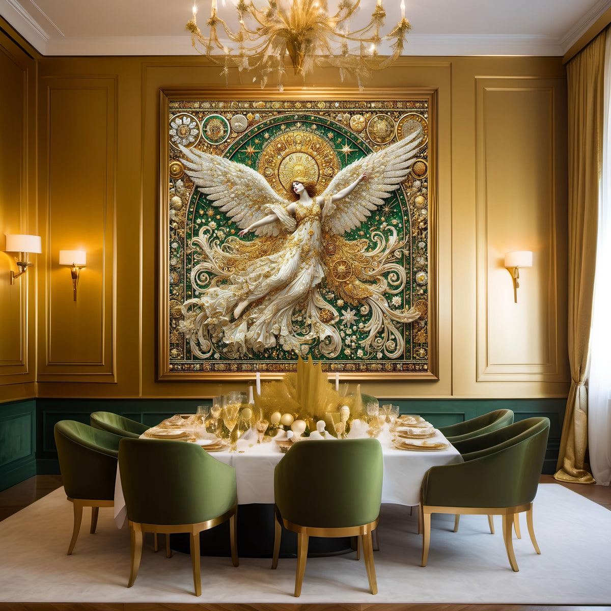 Luminous Gilded Angel Wall Art Digital Download Vintage Gold Emerald Angel Painting Sacred Celestial Home Decor