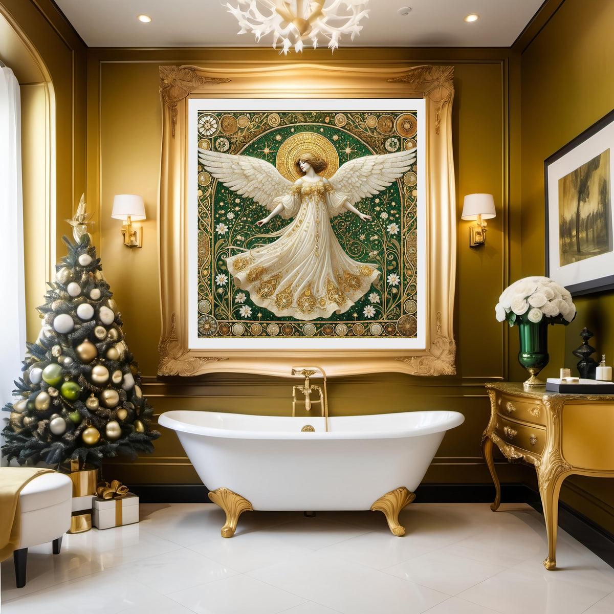 Luminous Guardian Angel Wall Art Digital Download Vintage Cathedral Angel Painting Gold White Sacred Home Decor