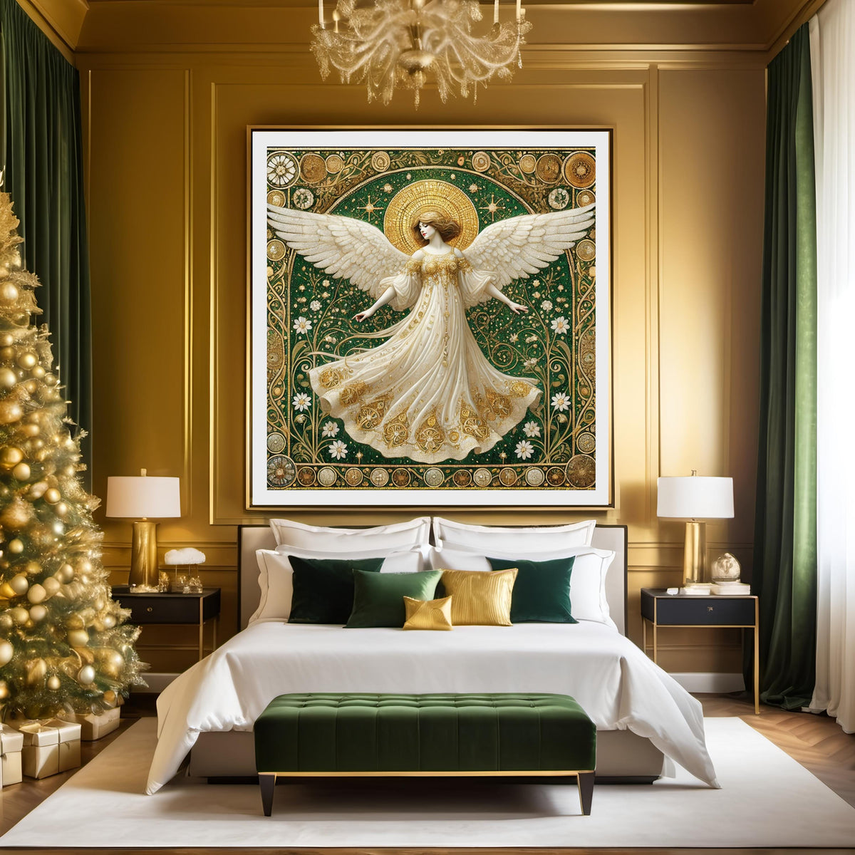 Luminous Guardian Angel Wall Art Digital Download Vintage Cathedral Angel Painting Gold White Sacred Home Decor