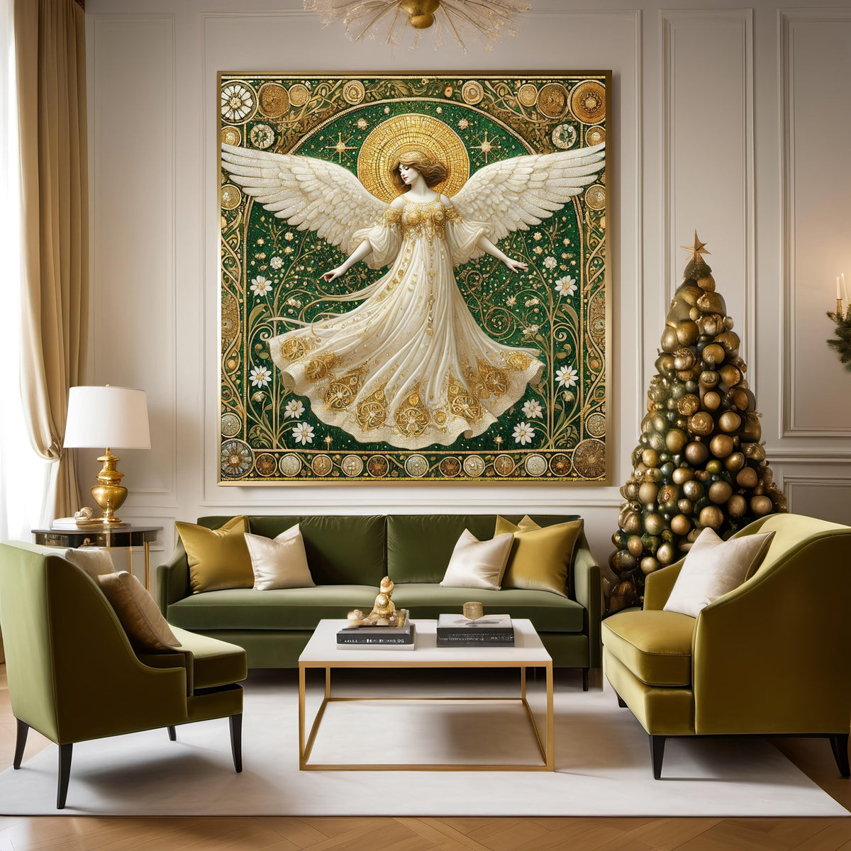 Luminous Guardian Angel Wall Art Digital Download Vintage Cathedral Angel Painting Gold White Sacred Home Decor