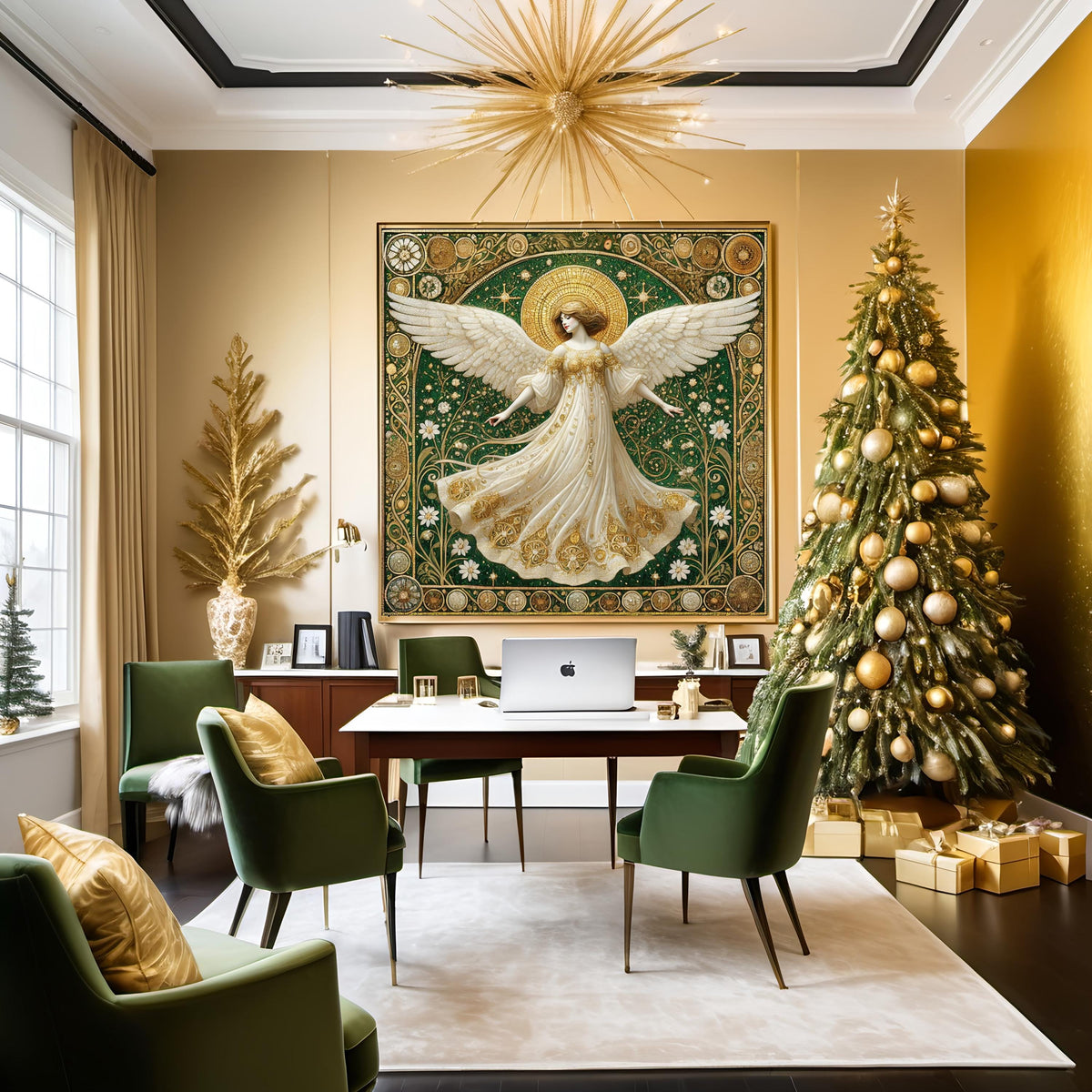 Luminous Guardian Angel Wall Art Digital Download Vintage Cathedral Angel Painting Gold White Sacred Home Decor