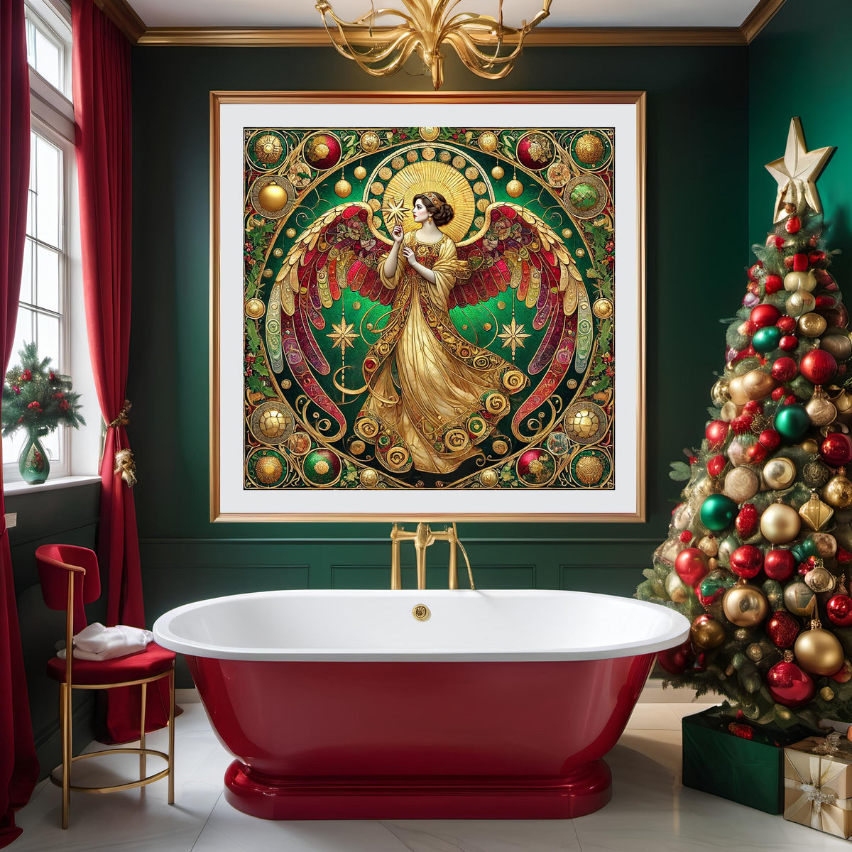 Christmas Angel Wall Art Digital Download Vintage Cathedral Angel Painting Red Green Gold Celestial Home Decor