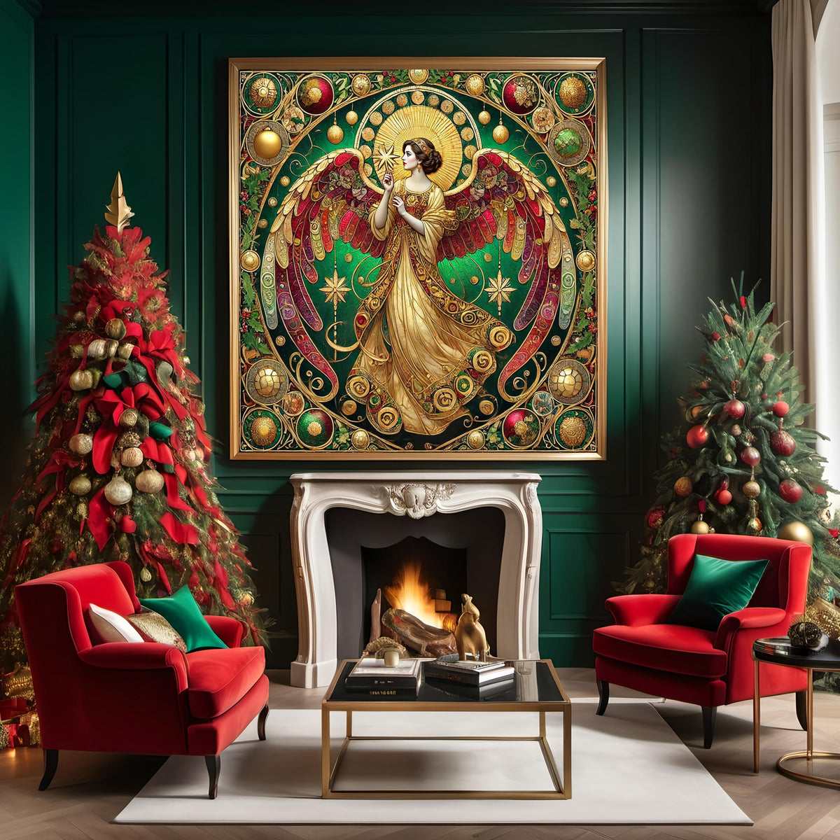 Christmas Angel Wall Art Digital Download Vintage Cathedral Angel Painting Red Green Gold Celestial Home Decor