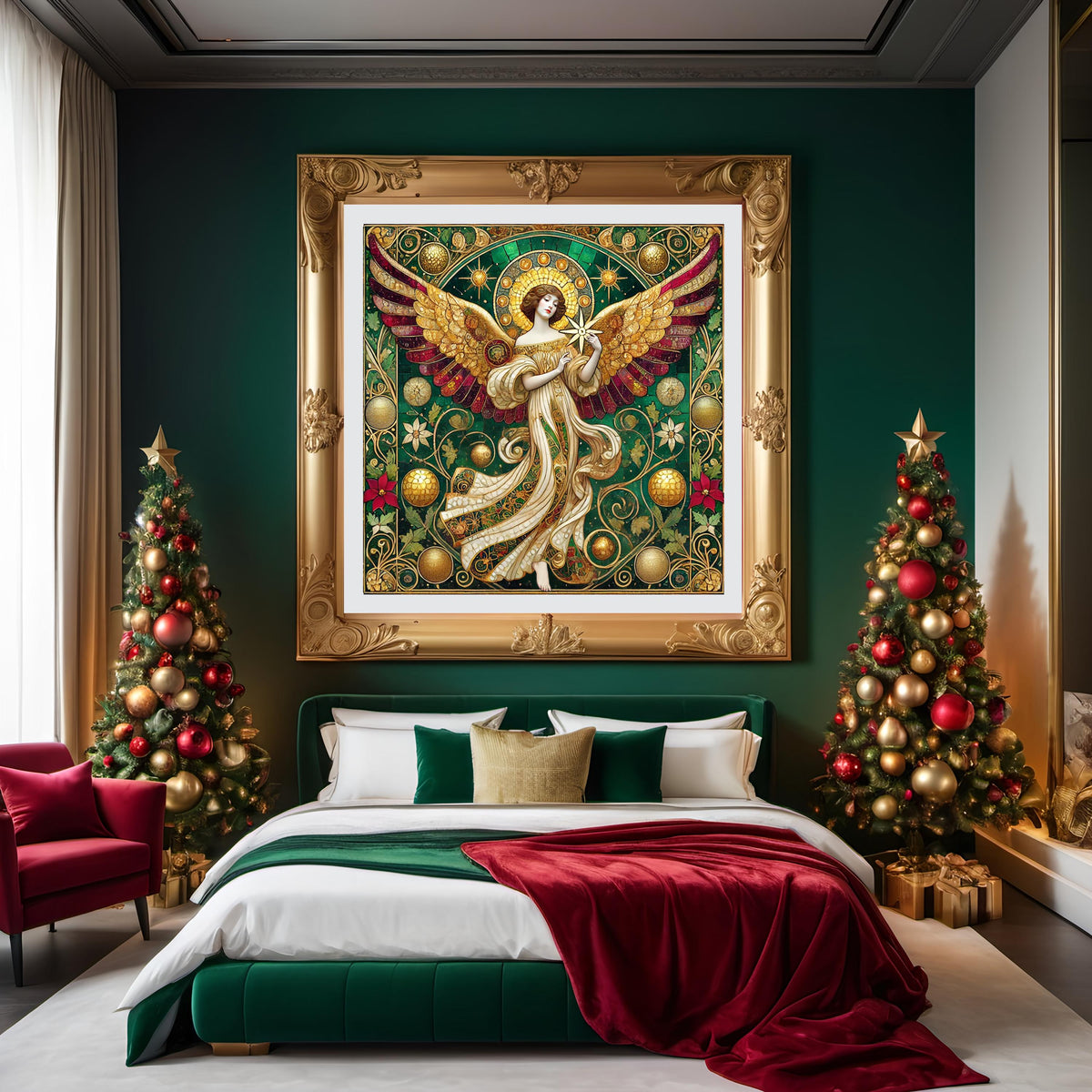Vintage Christmas Angel Wall Art Digital Download Cathedral Angel Painting Red Green Gold Sacred Home Decor