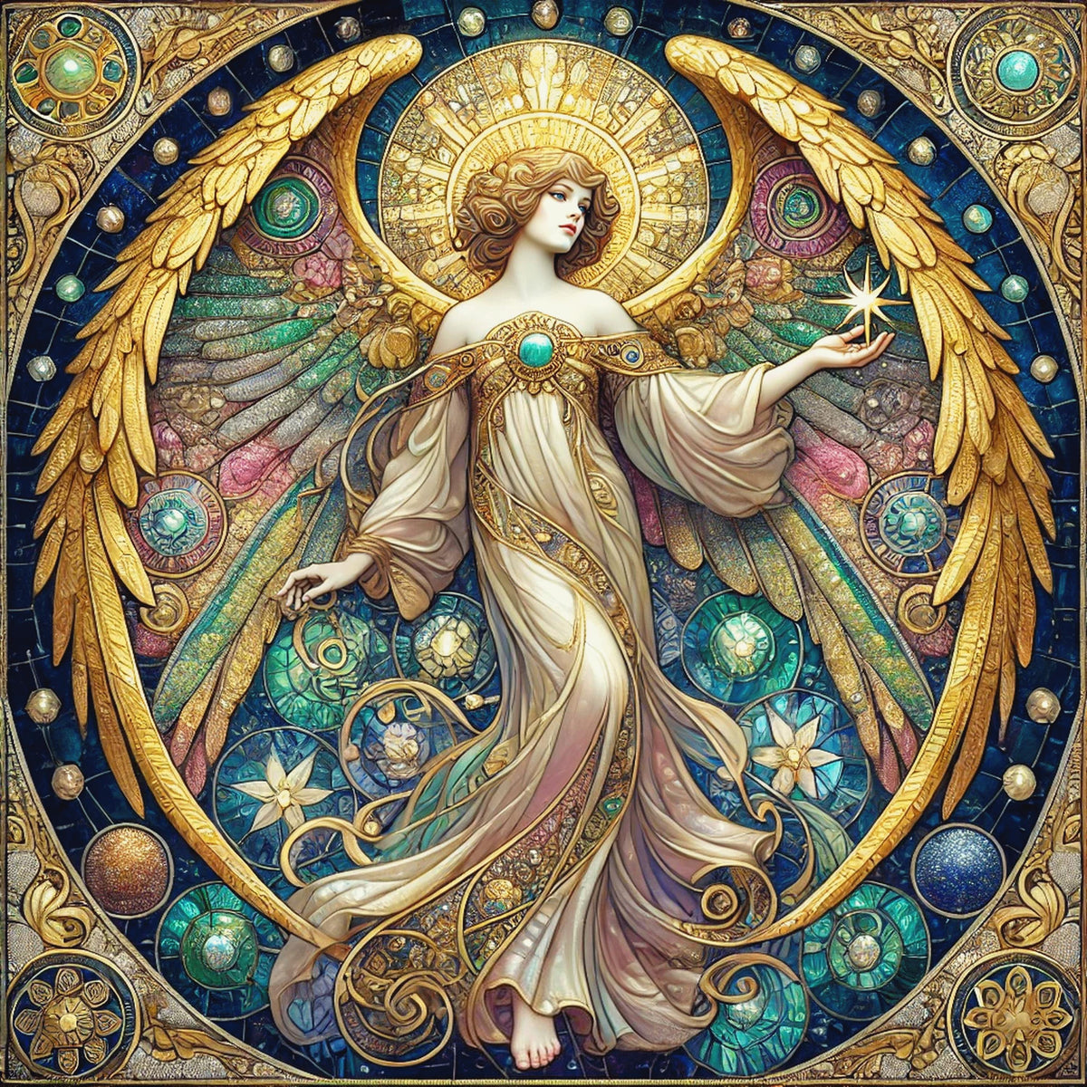 Stained Glass Angel Wall Art Digital Download Vintage Cathedral Angel Painting Celestial Gold Blue Home Decor