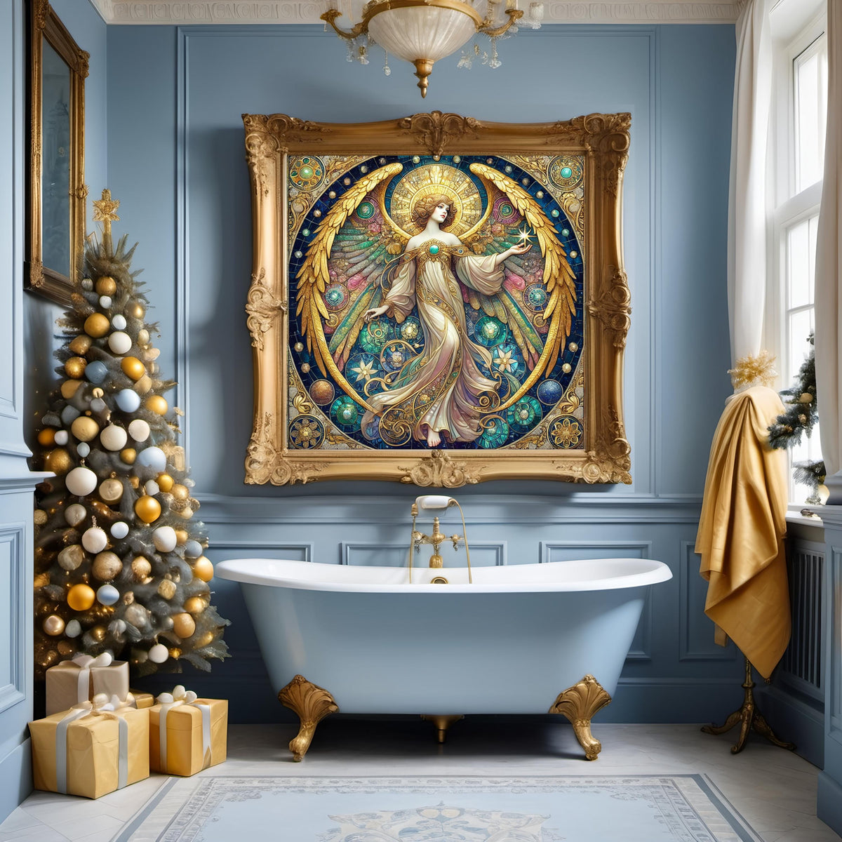 Stained Glass Angel Wall Art Digital Download Vintage Cathedral Angel Painting Celestial Gold Blue Home Decor