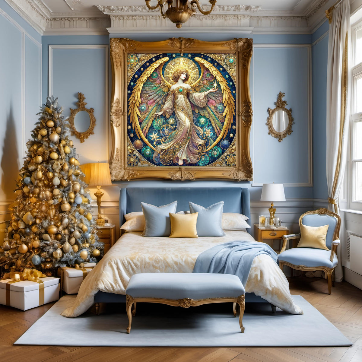 Stained Glass Angel Wall Art Digital Download Vintage Cathedral Angel Painting Celestial Gold Blue Home Decor