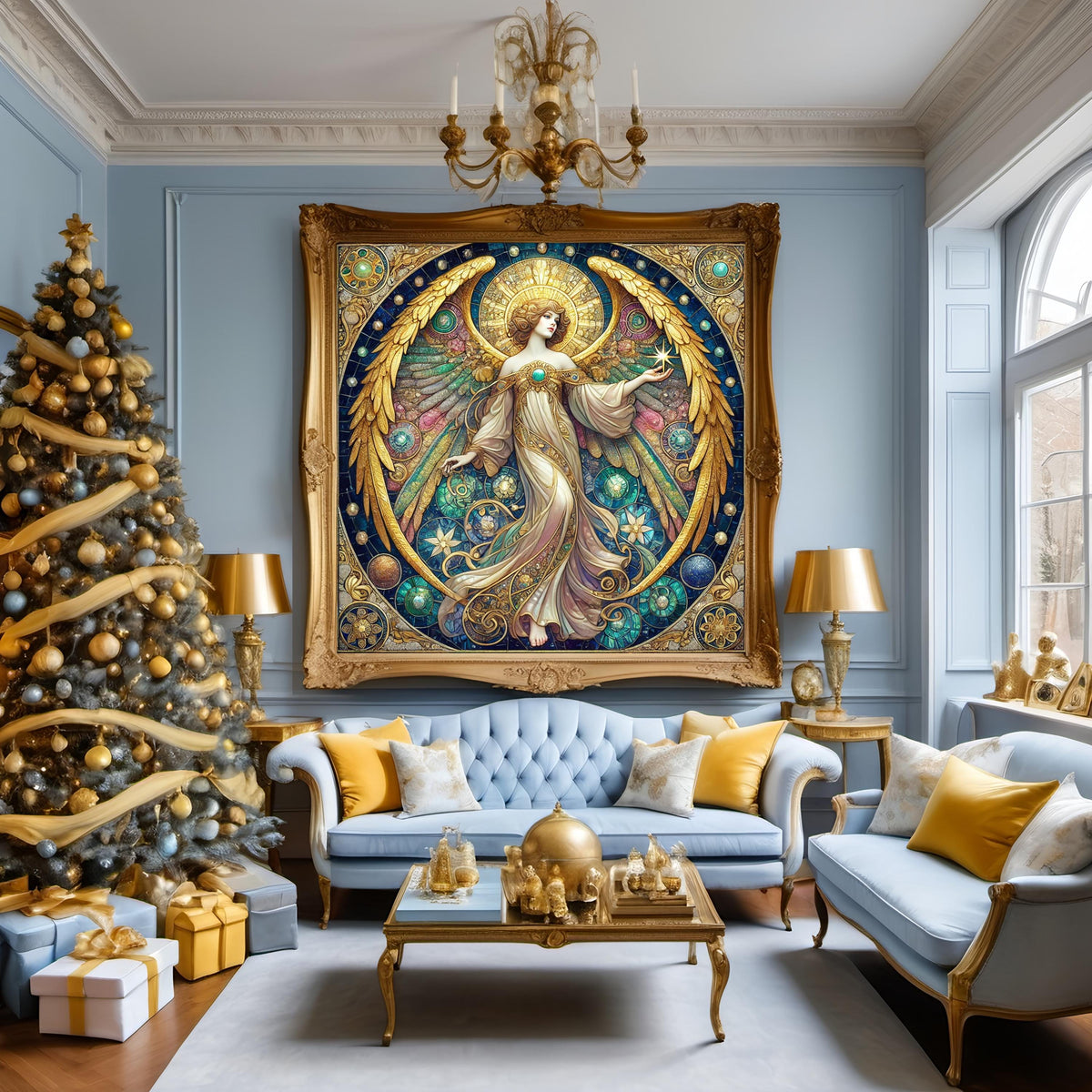 Stained Glass Angel Wall Art Digital Download Vintage Cathedral Angel Painting Celestial Gold Blue Home Decor