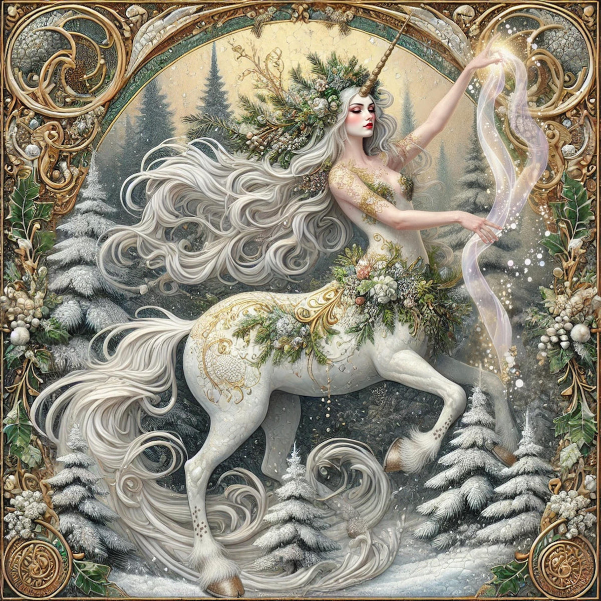 Winter Spellbound Unicorn Guardian: Vintage Fantasy Oil Painting Style Wall Art (Digital Download)
