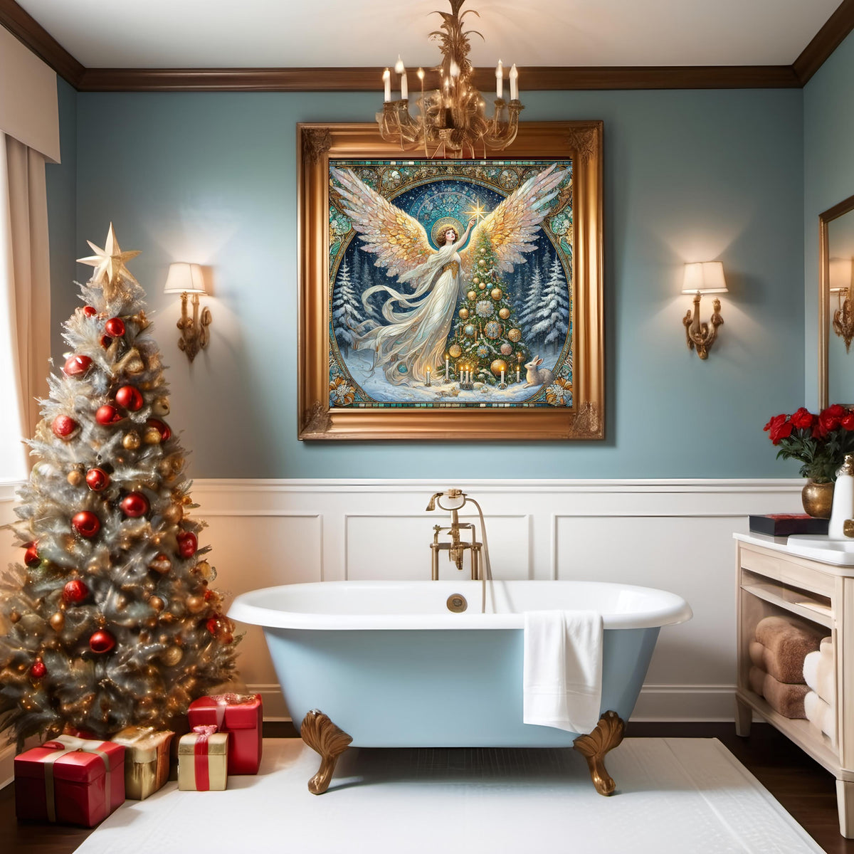 Christmas Tree Angel Wall Art Digital Download Vintage Winter Angel Painting Gold White Holiday Home Decor