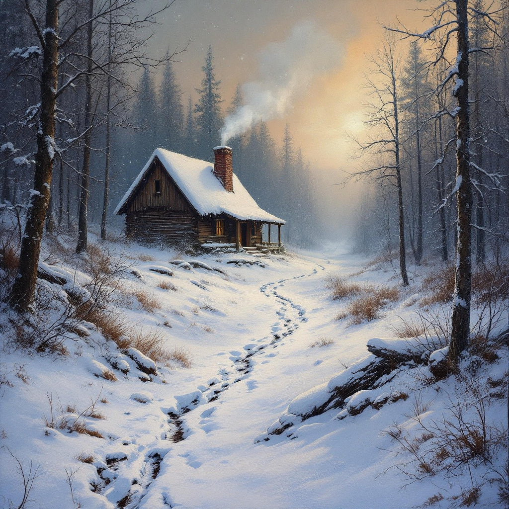 Winter Cabin in the Woods Art Print: Peaceful Snow Landscape Painting (Digital Download)