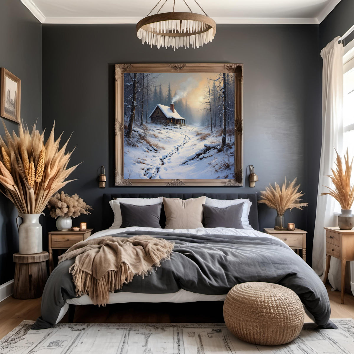 Winter Cabin in the Woods Art Print: Peaceful Snow Landscape Painting (Digital Download)