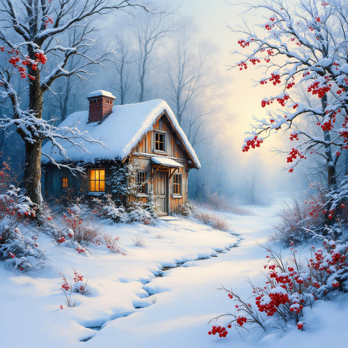 Winter Glow Cabin Art Print: Cozy Christmas Cottage in the Snow (Digital Download)