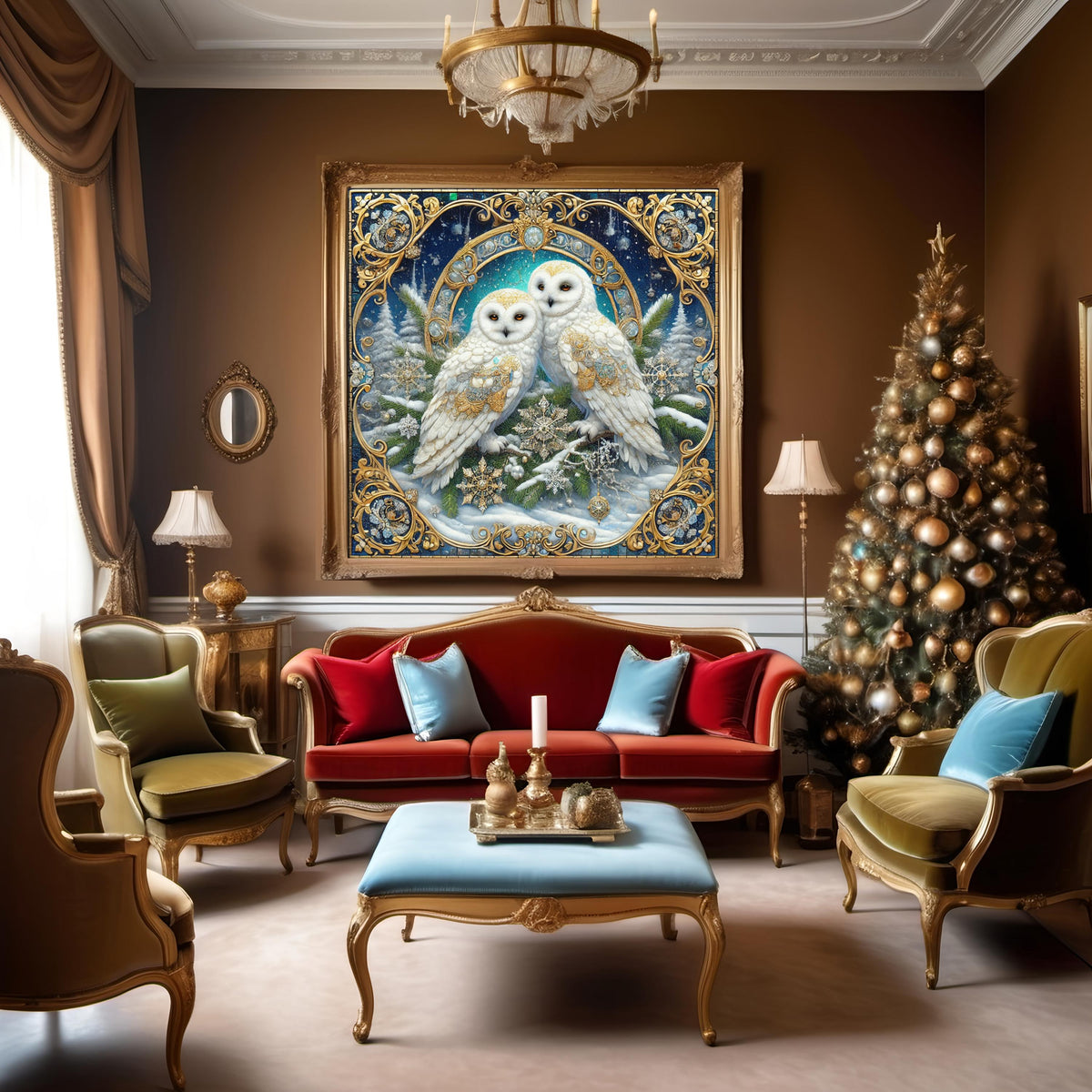 Snowy Owl Pair Wall Art Digital Download Vintage Winter Owl Painting White Gold Woodland Home Decor