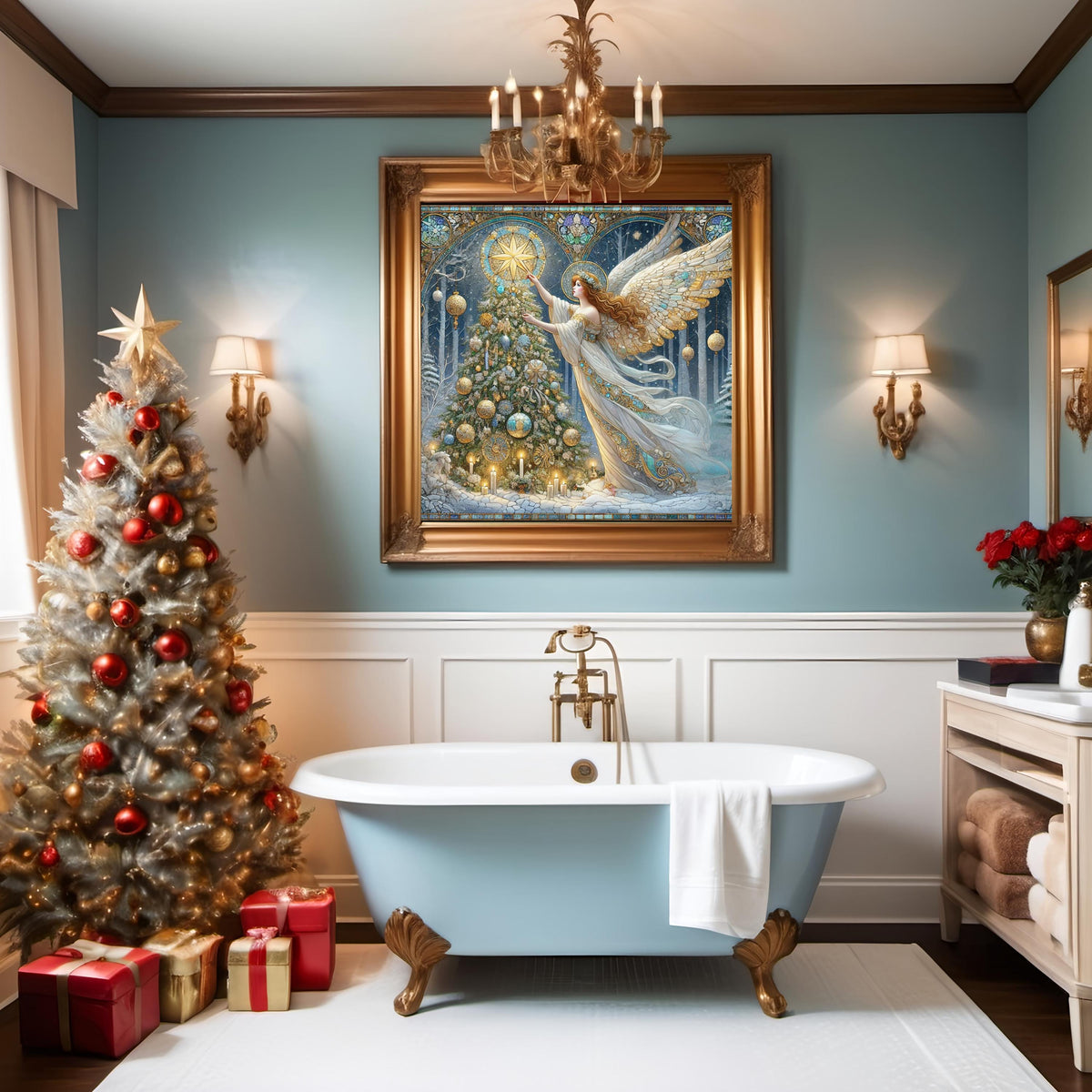 Winter Star Angel Wall Art Digital Download Vintage Blue Gold Angel Painting Snowy Forest Holiday Home Decor