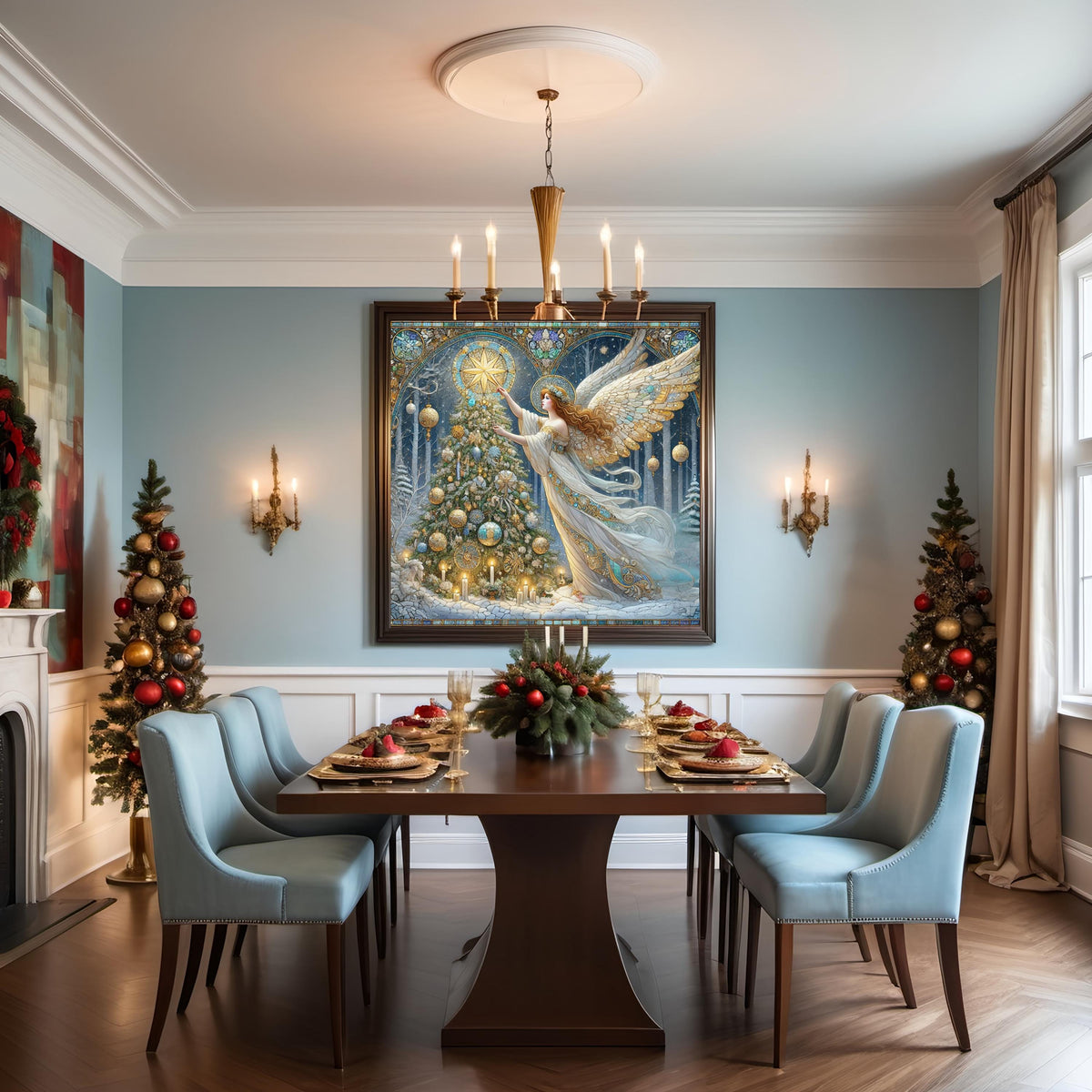 Winter Star Angel Wall Art Digital Download Vintage Blue Gold Angel Painting Snowy Forest Holiday Home Decor