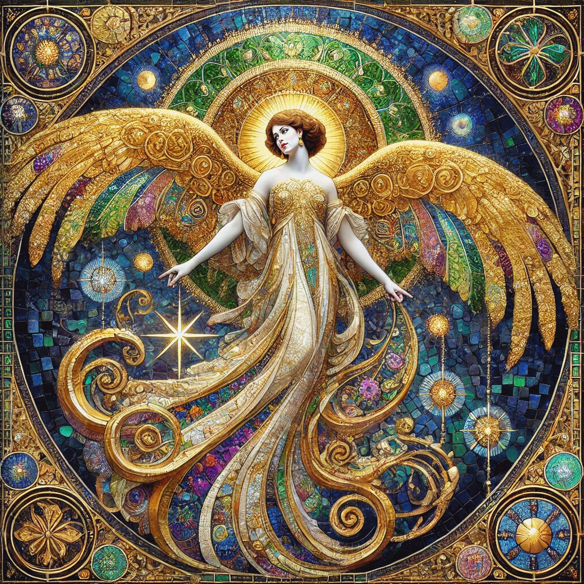 Celestial Angel Wall Art Digital Download Vintage Stained Glass Angel Painting Blue Gold Sacred Home Decor