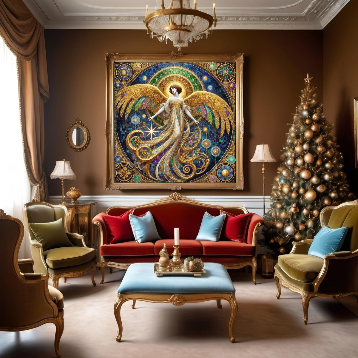 Celestial Angel Wall Art Digital Download Vintage Stained Glass Angel Painting Blue Gold Sacred Home Decor