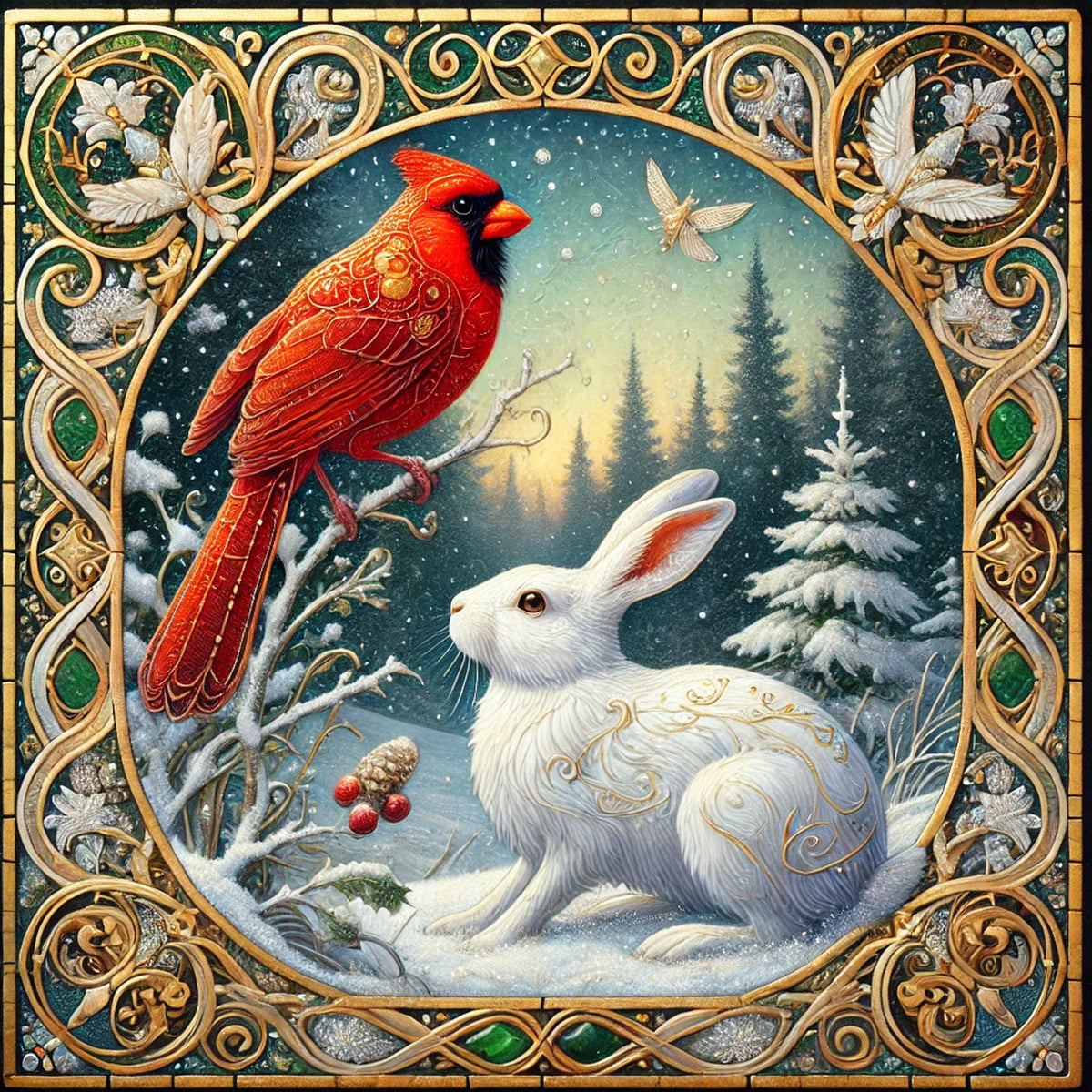 Winter Cardinal and White Rabbit Wall Art Digital Download Vintage Woodland Holiday Home Decor