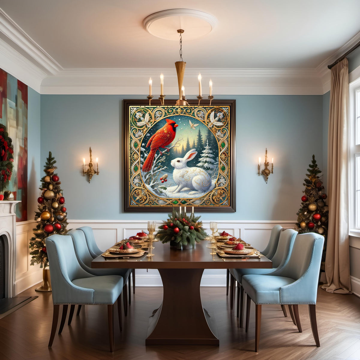 Winter Cardinal and White Rabbit Wall Art Digital Download Vintage Woodland Holiday Home Decor