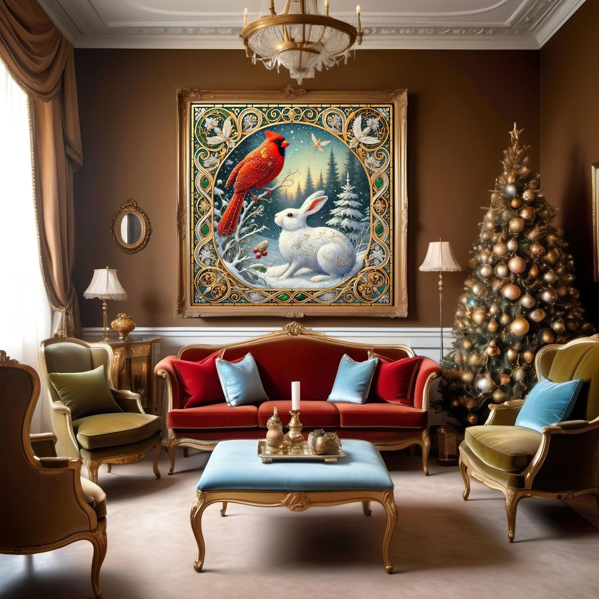 Winter Cardinal and White Rabbit Wall Art Digital Download Vintage Woodland Holiday Home Decor