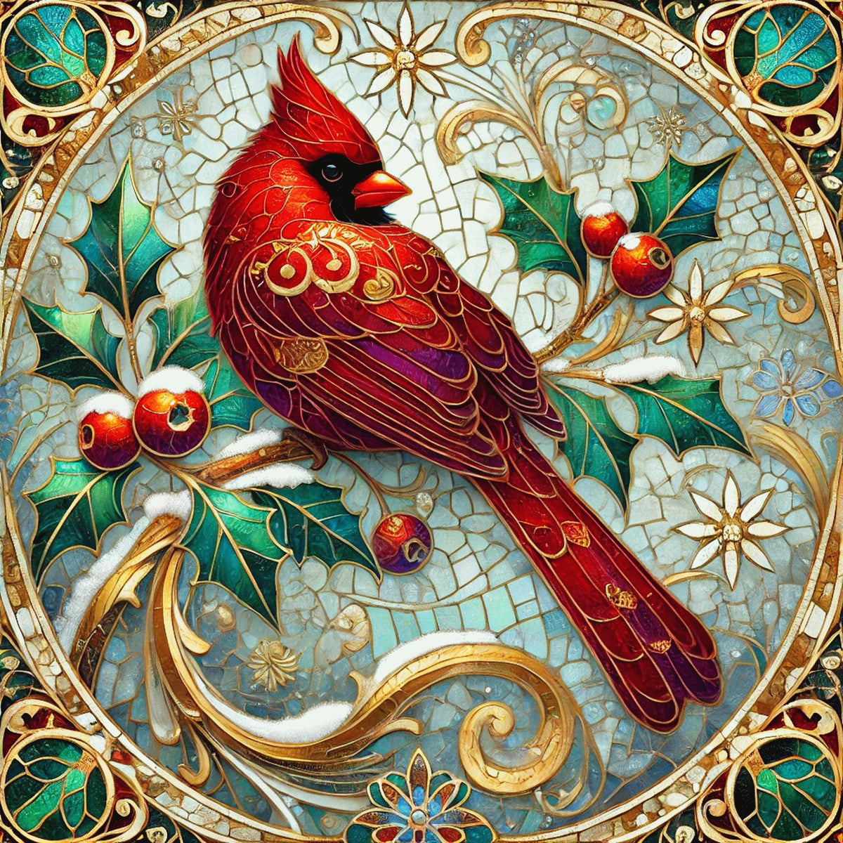 Stained Glass Cardinal Wall Art Digital Download Vintage Red Bird Winter Holiday Home Decor