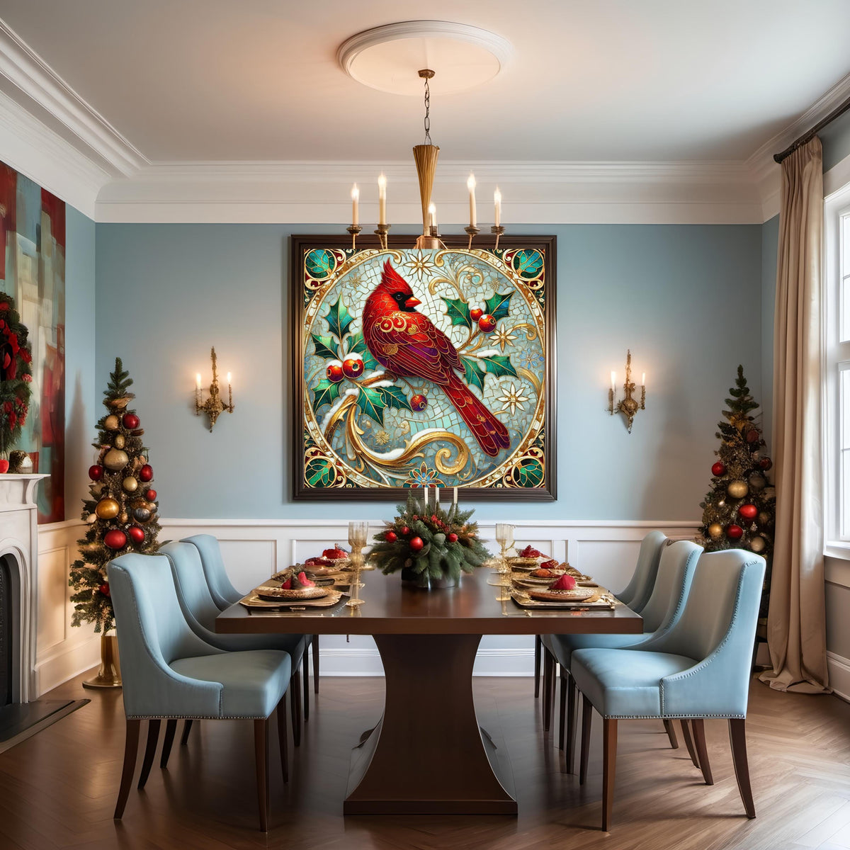 Stained Glass Cardinal Wall Art Digital Download Vintage Red Bird Winter Holiday Home Decor