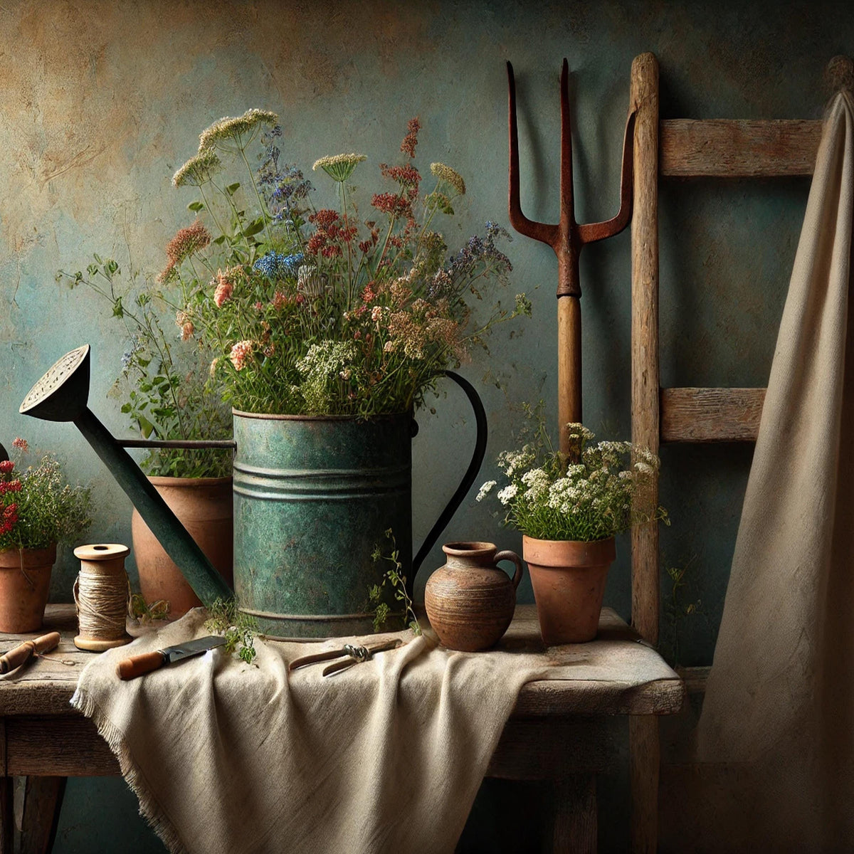 Rustic Garden Still Life Art Print: Vintage Watering Can Floral Wall Decor (Digital Download)
