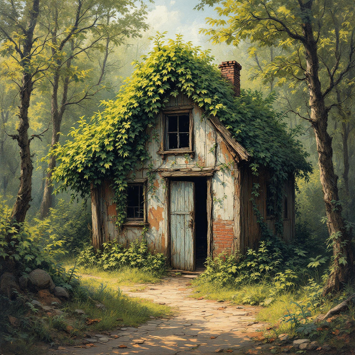 Whispering Woods Cottage Art Print: Enchanted Abandoned Forest House Painting (Digital Download)