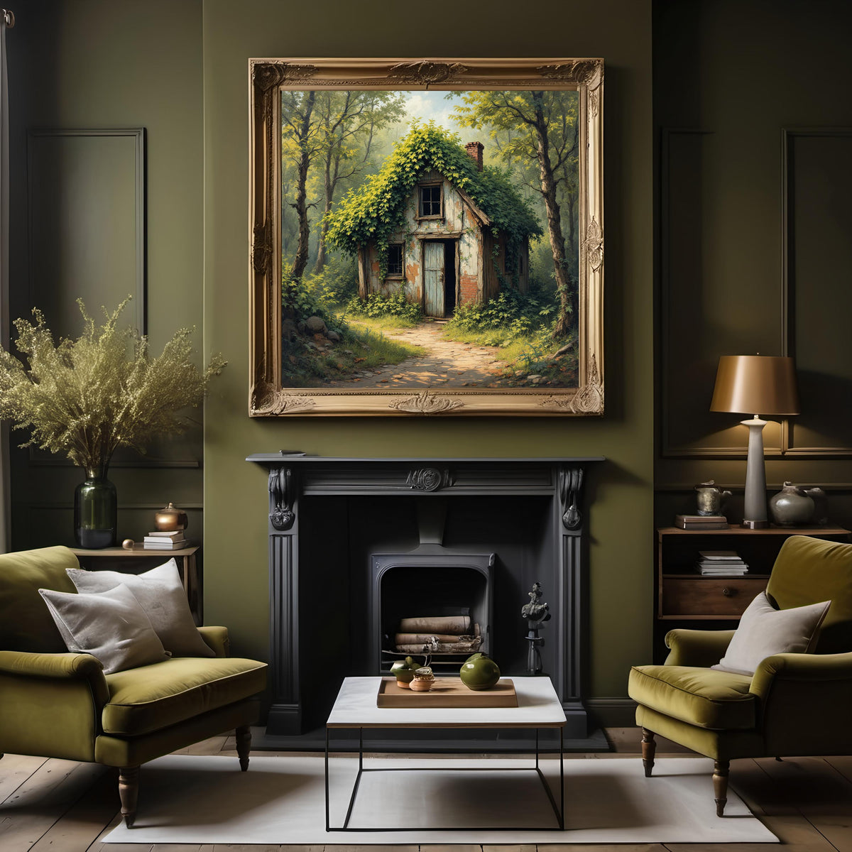Whispering Woods Cottage Art Print: Enchanted Abandoned Forest House Painting (Digital Download)