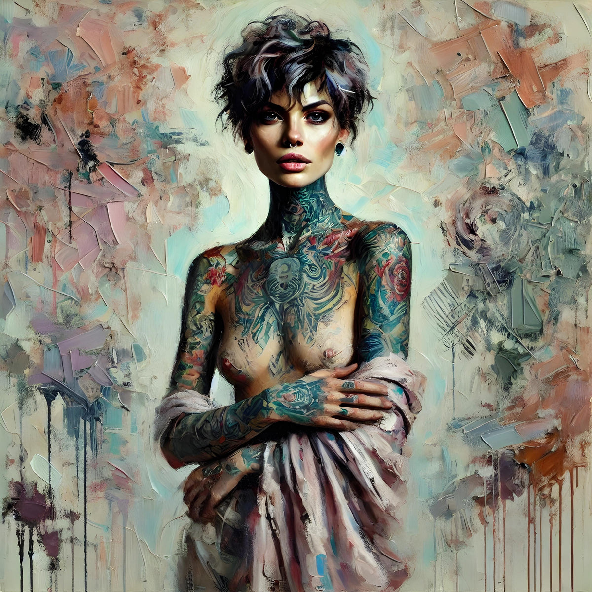 Abstract Expressionist Tattooed Woman Portrait: Oil Painting Style Modern Wall Art (Digital Art Print)