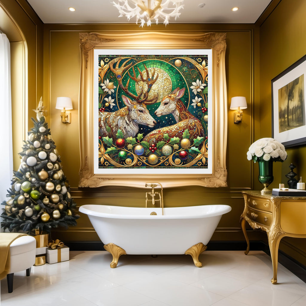 Gilded Winter Deer Couple: Romantic Vintage Fantasy Oil Painting Style Wall Art (Digital Download)