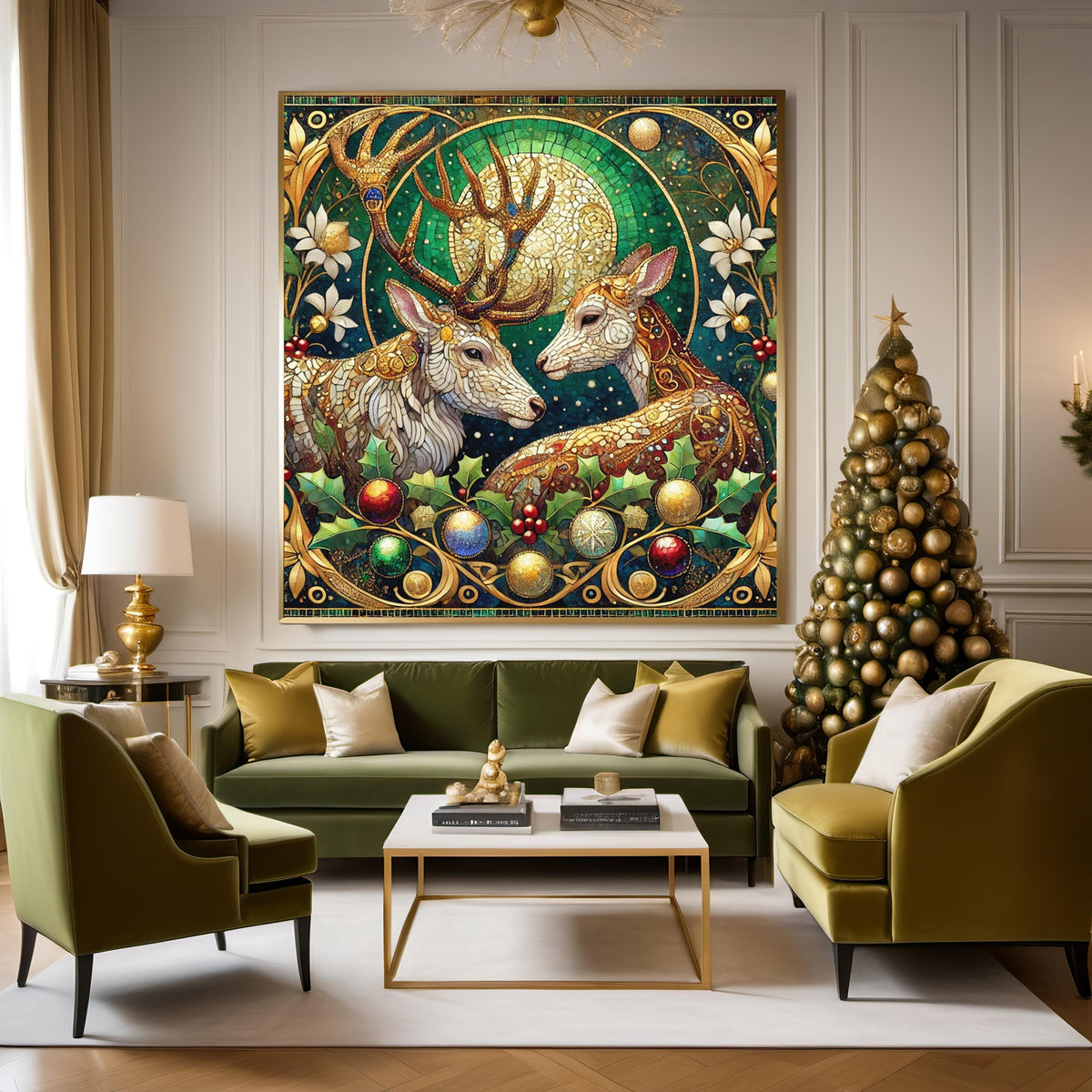 Gilded Winter Deer Couple: Romantic Vintage Fantasy Oil Painting Style Wall Art (Digital Download)