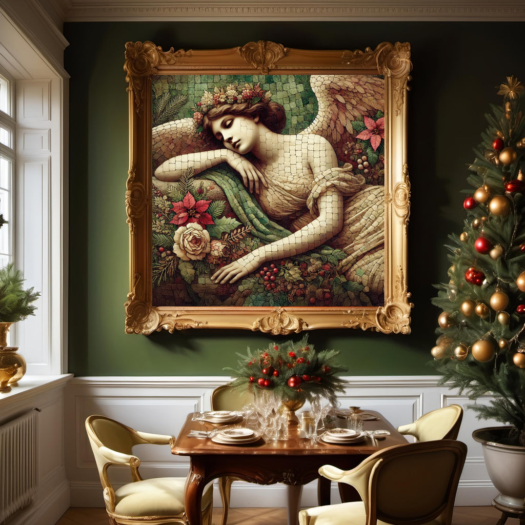 Tranquil Angel Mosaic Print: Old World Winter Angel Wall Art Digital Download
