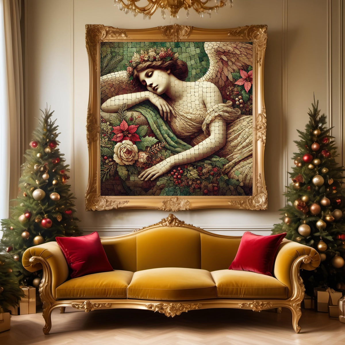 Tranquil Angel Mosaic Print: Old World Winter Angel Wall Art Digital Download