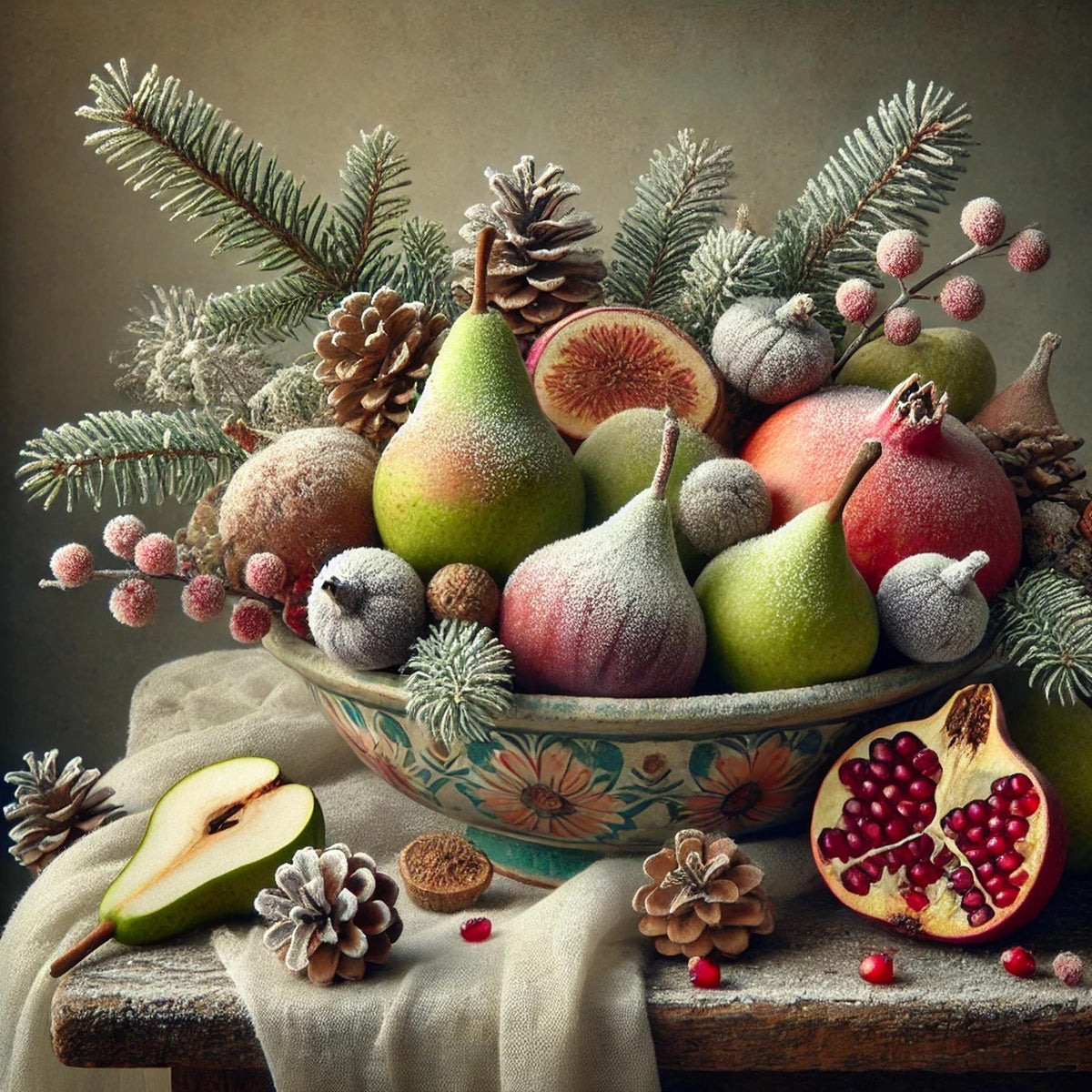 Winter Fruit Still Life Oil Painting Frosted Pears Figs Pomegranates Vintage Decor Elegant Kitchen Wall Art Digital Art