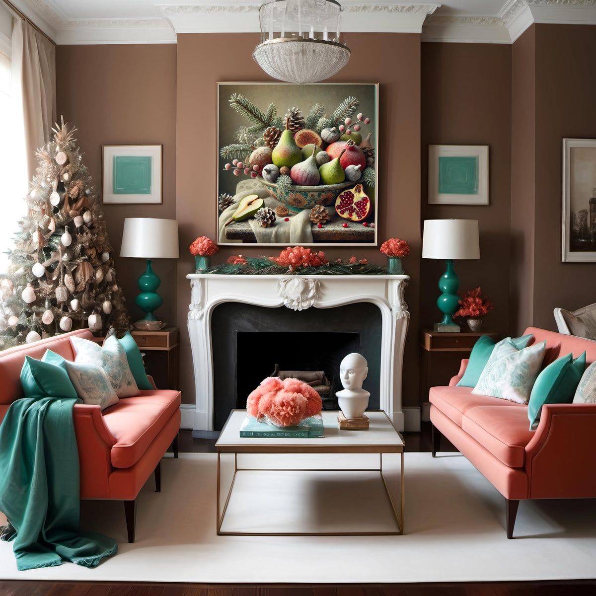 Winter Fruit Still Life Oil Painting Frosted Pears Figs Pomegranates Vintage Decor Elegant Kitchen Wall Art Digital Art