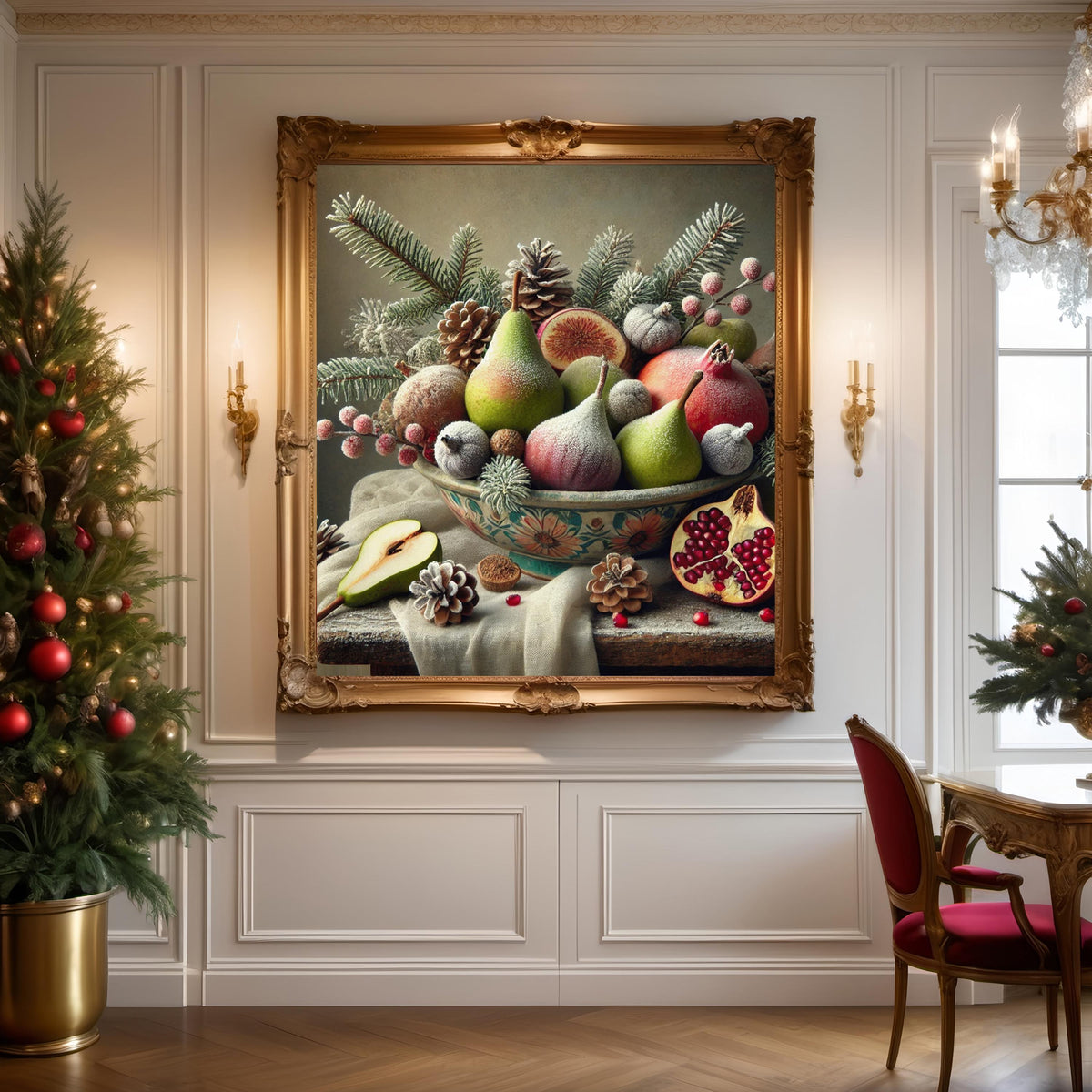Winter Fruit Still Life Oil Painting Frosted Pears Figs Pomegranates Vintage Decor Elegant Kitchen Wall Art Digital Art
