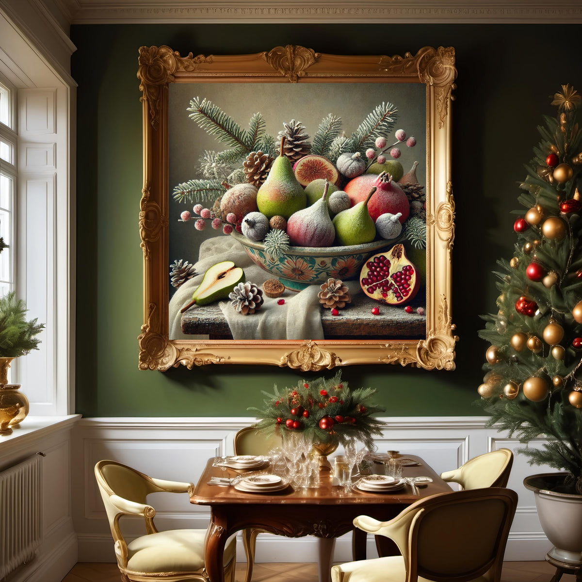 Winter Fruit Still Life Oil Painting Frosted Pears Figs Pomegranates Vintage Decor Elegant Kitchen Wall Art Digital Art