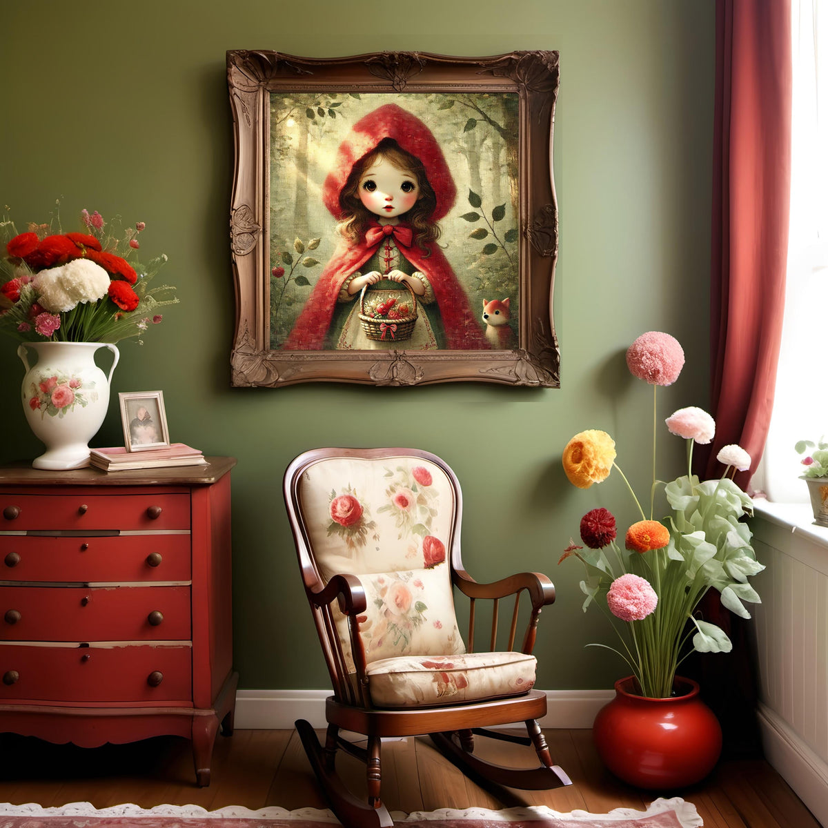 Little Red Riding Hood Vintage Storybook Art Oil Painting Style Fairytale Wall Art Digital Art Nursery Art Whimsical Fairy Tale Decor