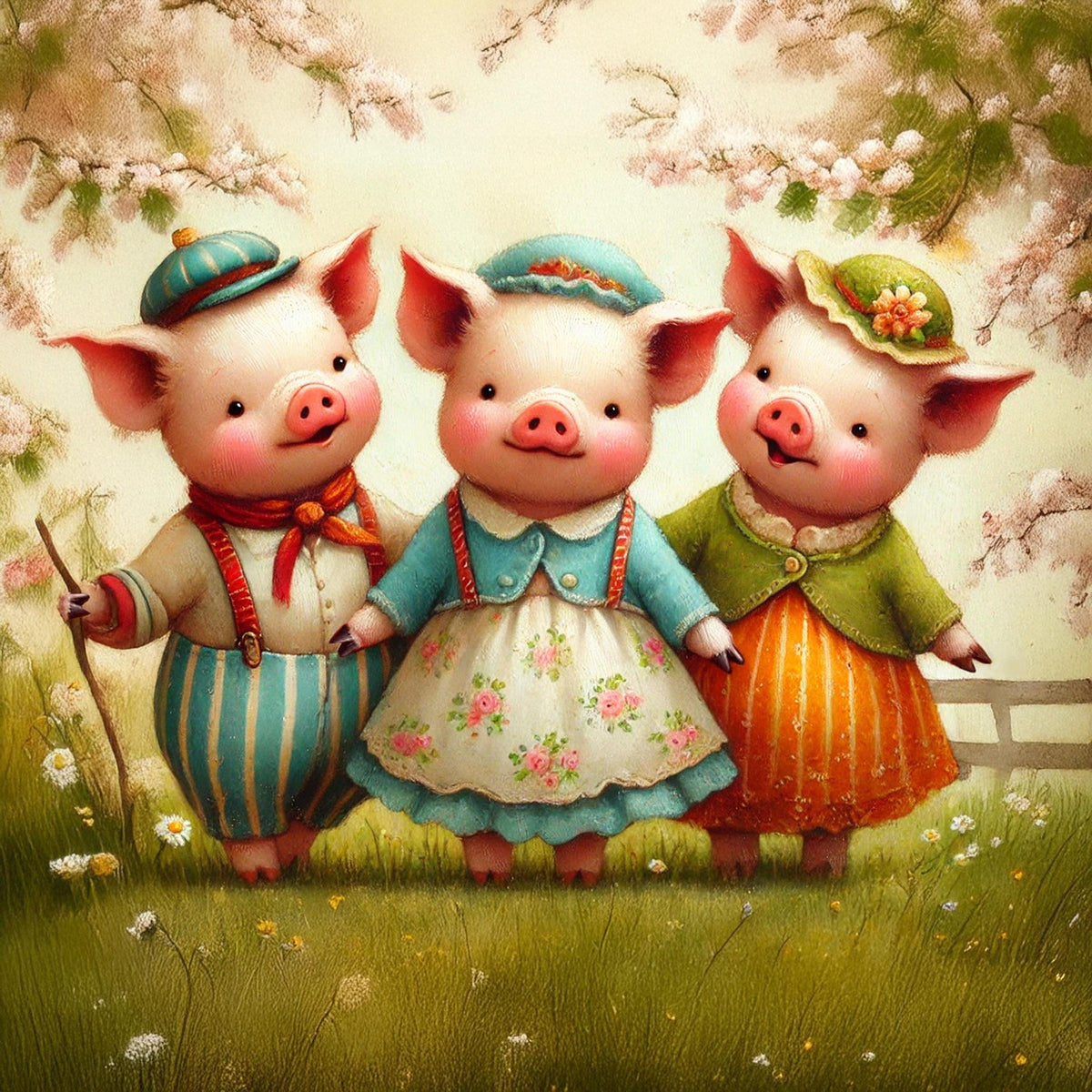 Three Little Pigs Vintage Storybook Oil Painting Nursery Art Whimsical Fairytale Animal  Digital Download