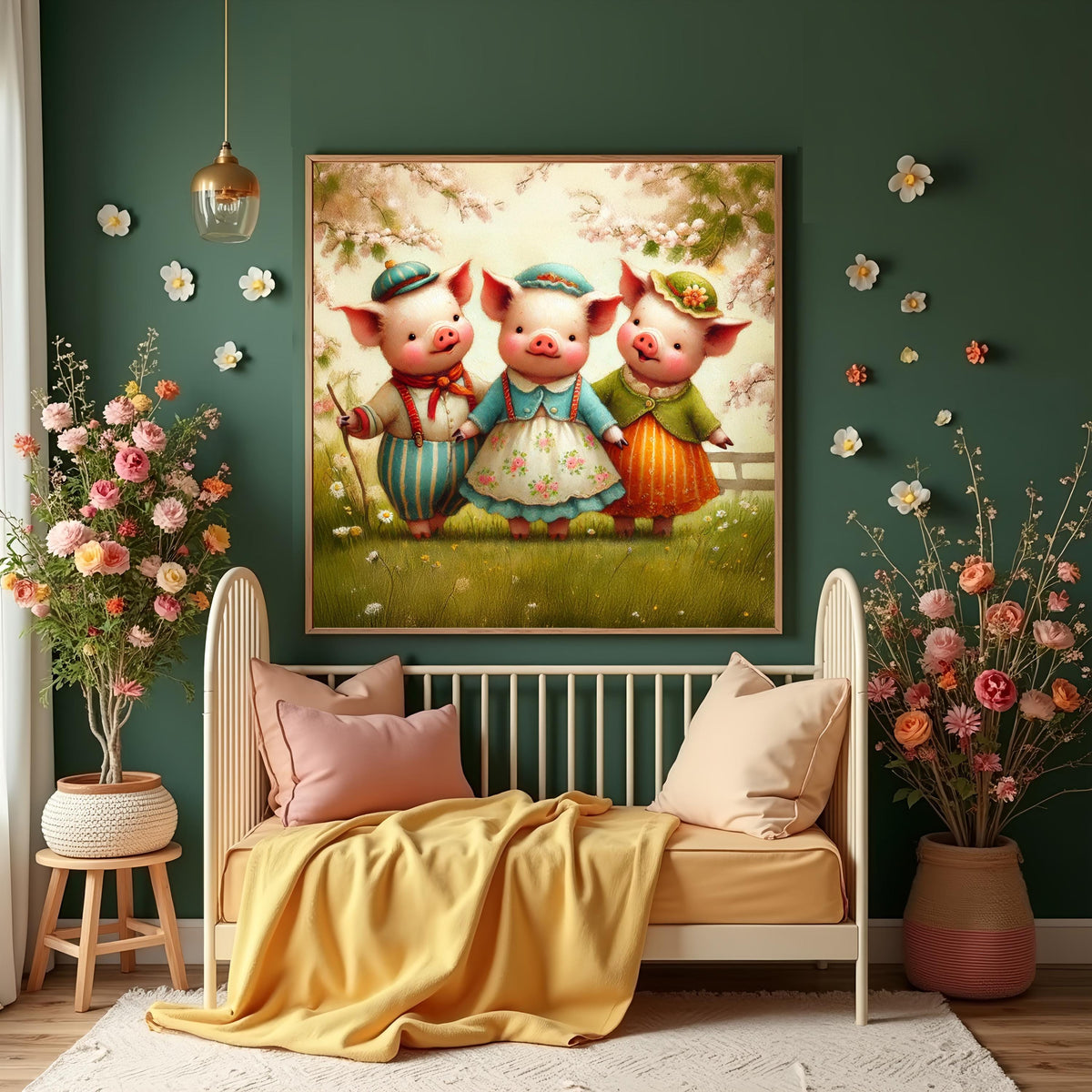 Three Little Pigs Vintage Storybook Oil Painting Nursery Art Whimsical Fairytale Animal  Digital Download