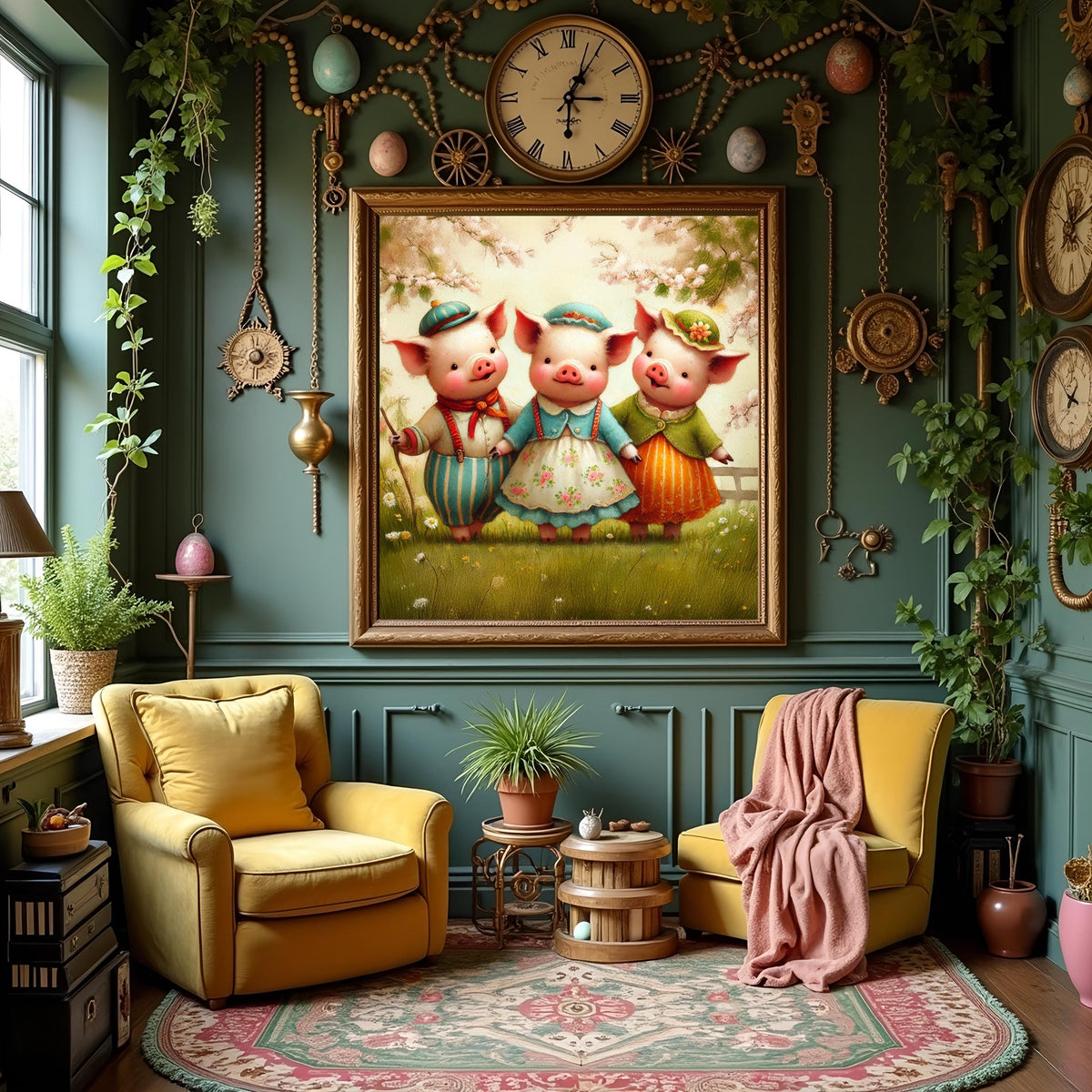 Three Little Pigs Vintage Storybook Oil Painting Nursery Art Whimsical Fairytale Animal  Digital Download