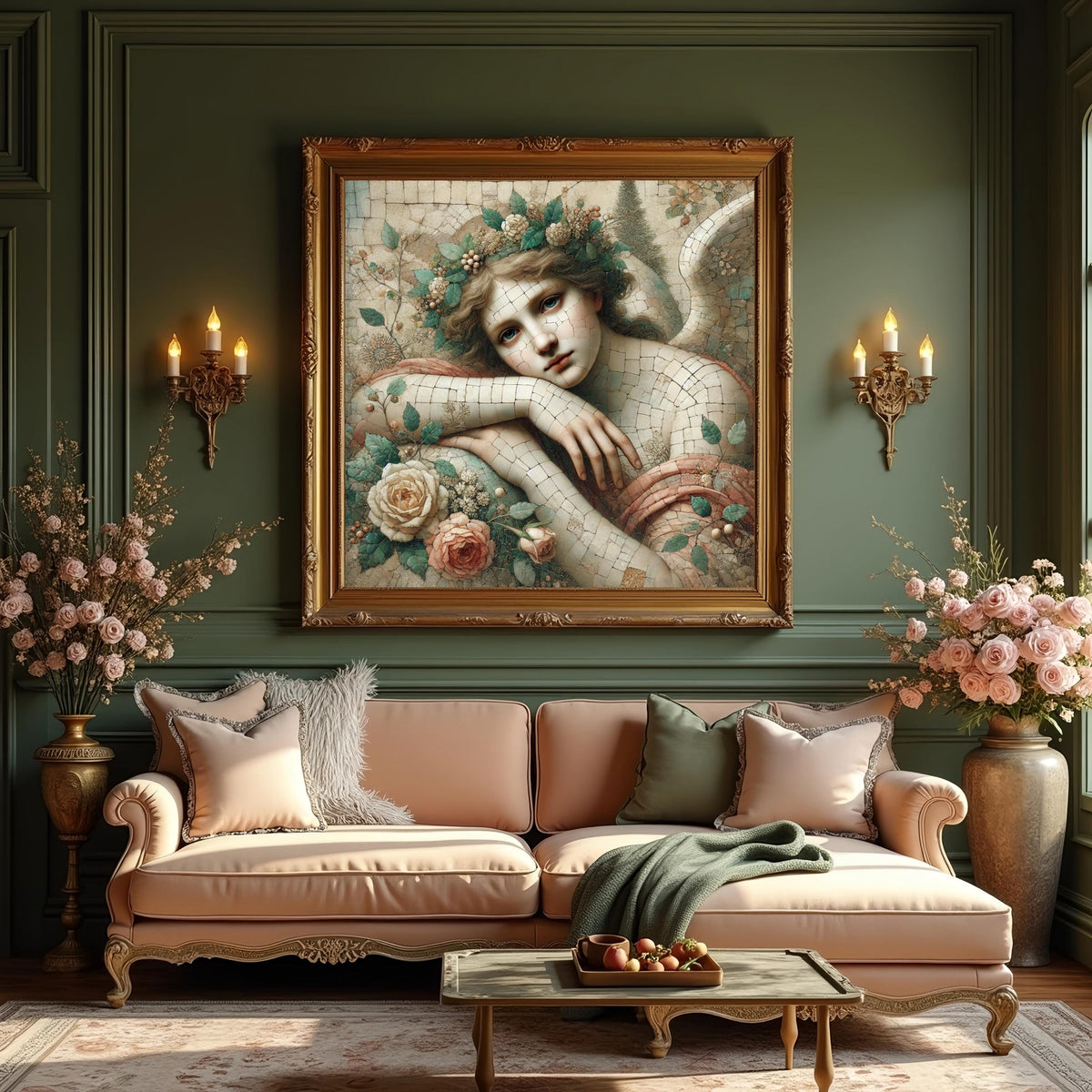 Ethereal Angel Mosaic Portrait Oil Painting Vintage Spiritual Art Floral Angel Wall Art Timeless Decor Digital Art