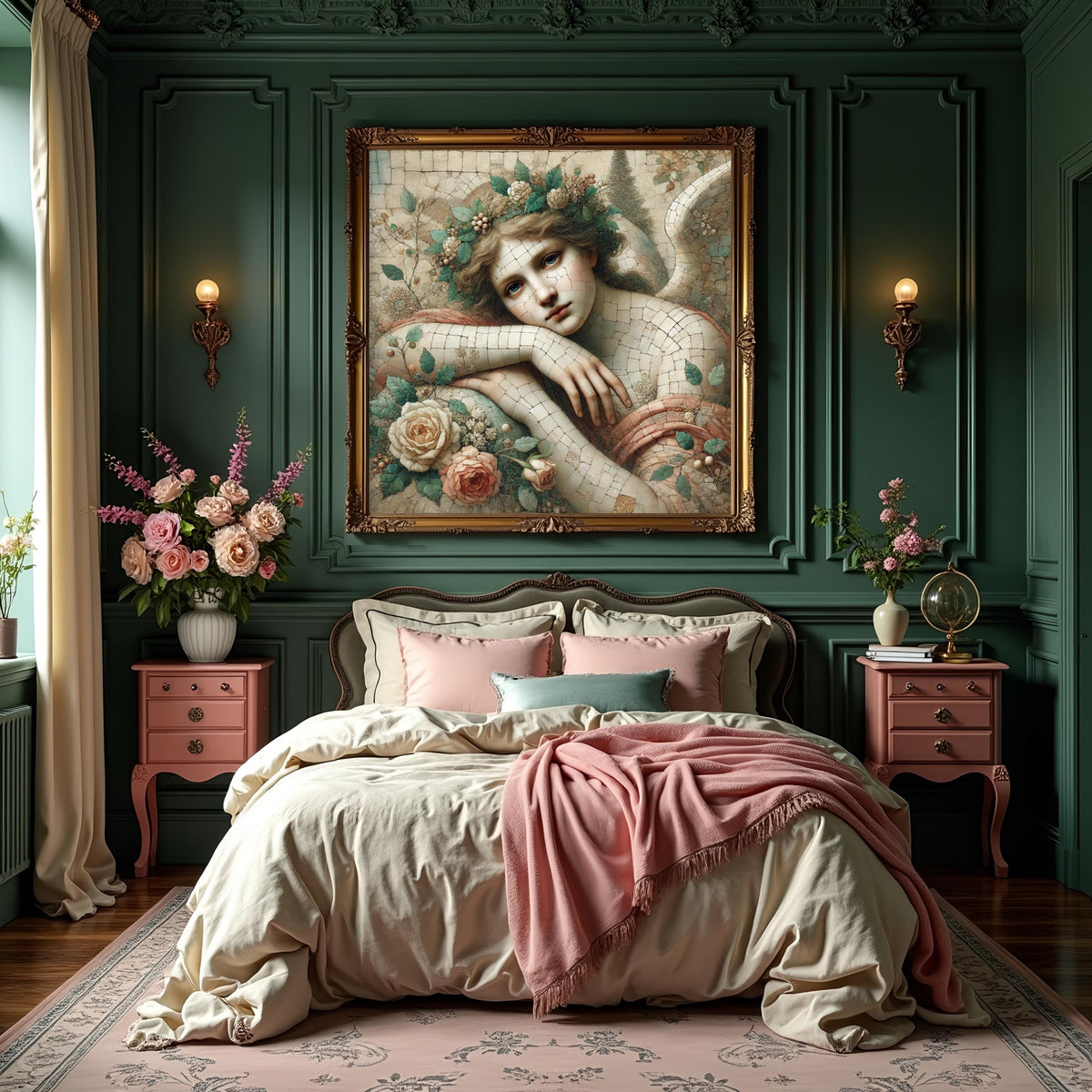 Ethereal Angel Mosaic Portrait Oil Painting Vintage Spiritual Art Floral Angel Wall Art Timeless Decor Digital Art