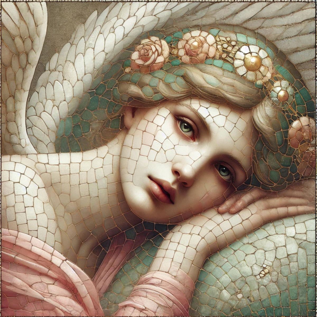 Resting Angel Grace: Vintage Mosaic Angel Portrait Oil Painting Wall Art Serene Floral Angel Decor