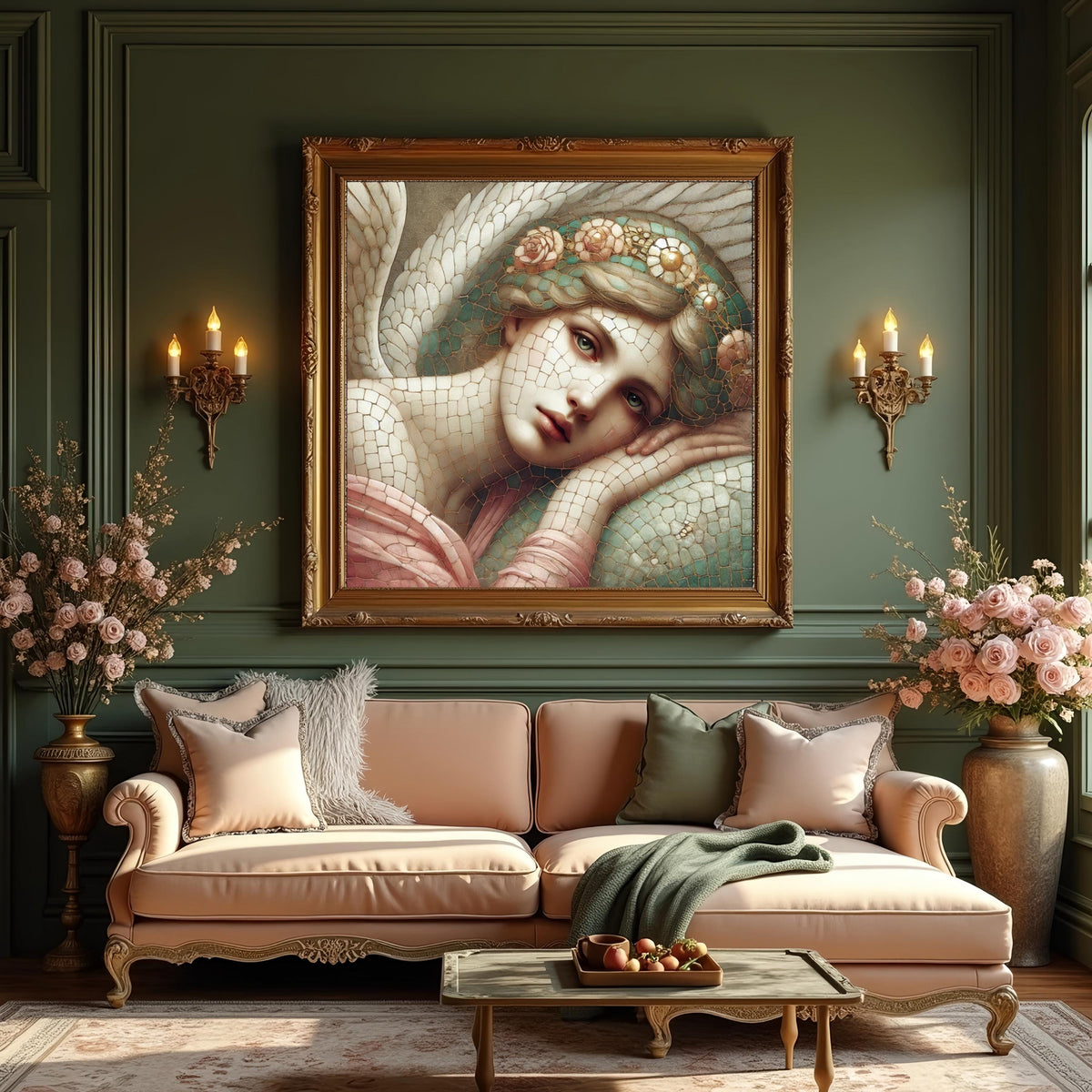 Resting Angel Grace: Vintage Mosaic Angel Portrait Oil Painting Wall Art Serene Floral Angel Decor