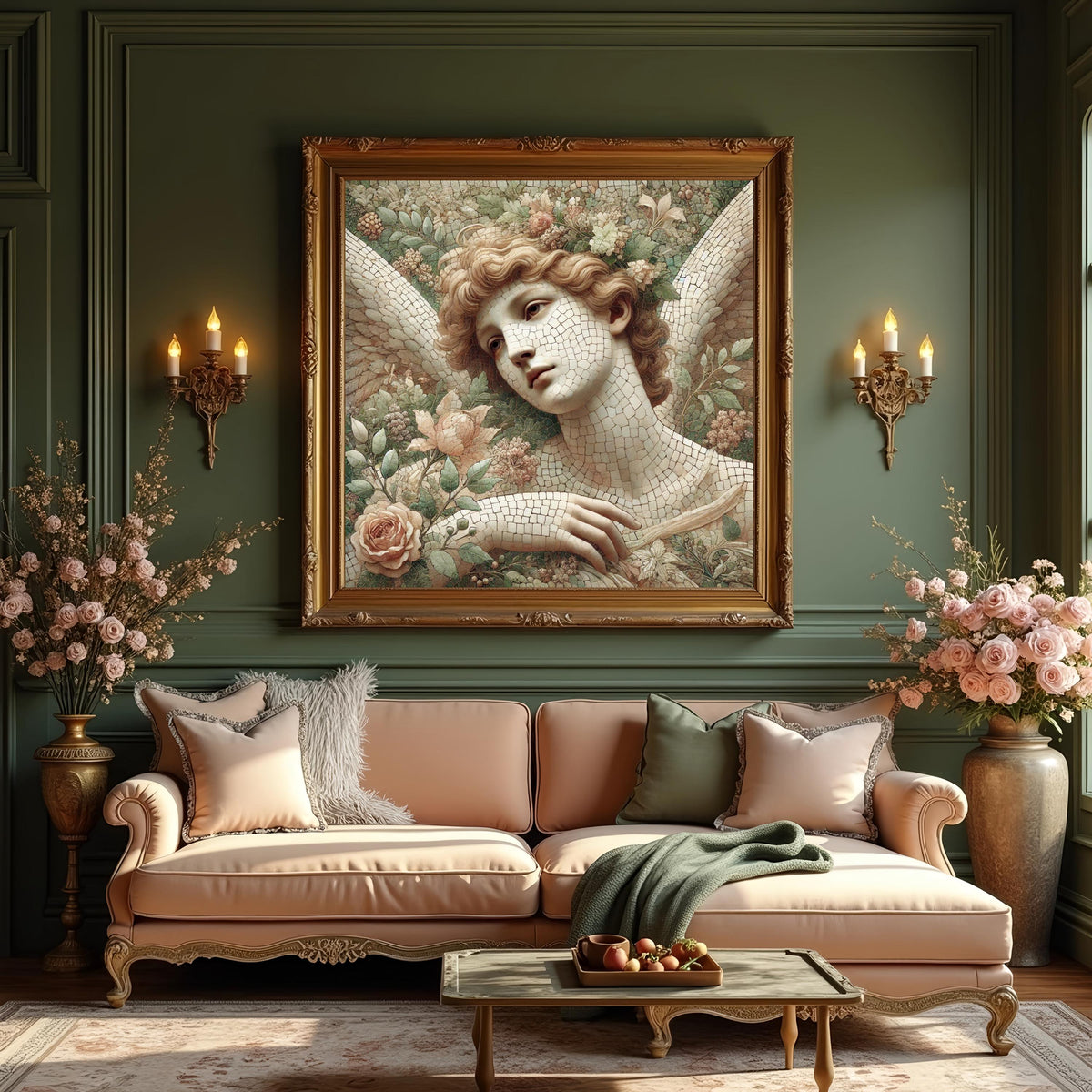 Heavenly Angel Reverie: Vintage Mosaic Angel Portrait Oil Painting Wall Art Romantic Floral Angel Decor