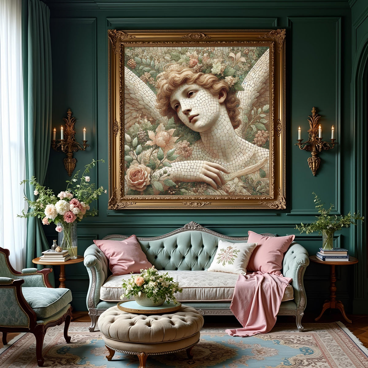 Heavenly Angel Reverie: Vintage Mosaic Angel Portrait Oil Painting Wall Art Romantic Floral Angel Decor