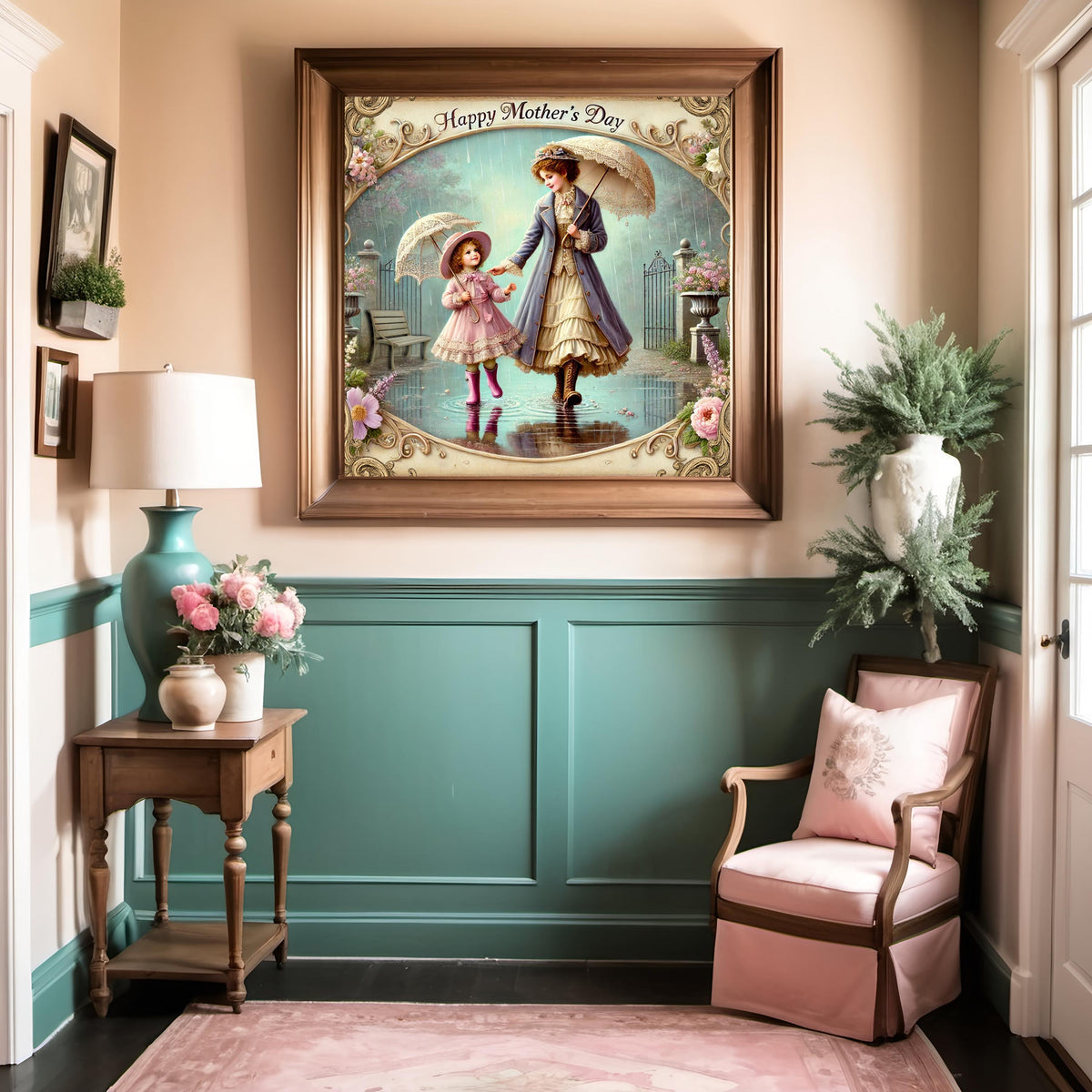 Vintage Mother's Day Art: Victorian Mother & Daughter in Rain (Digital Download)